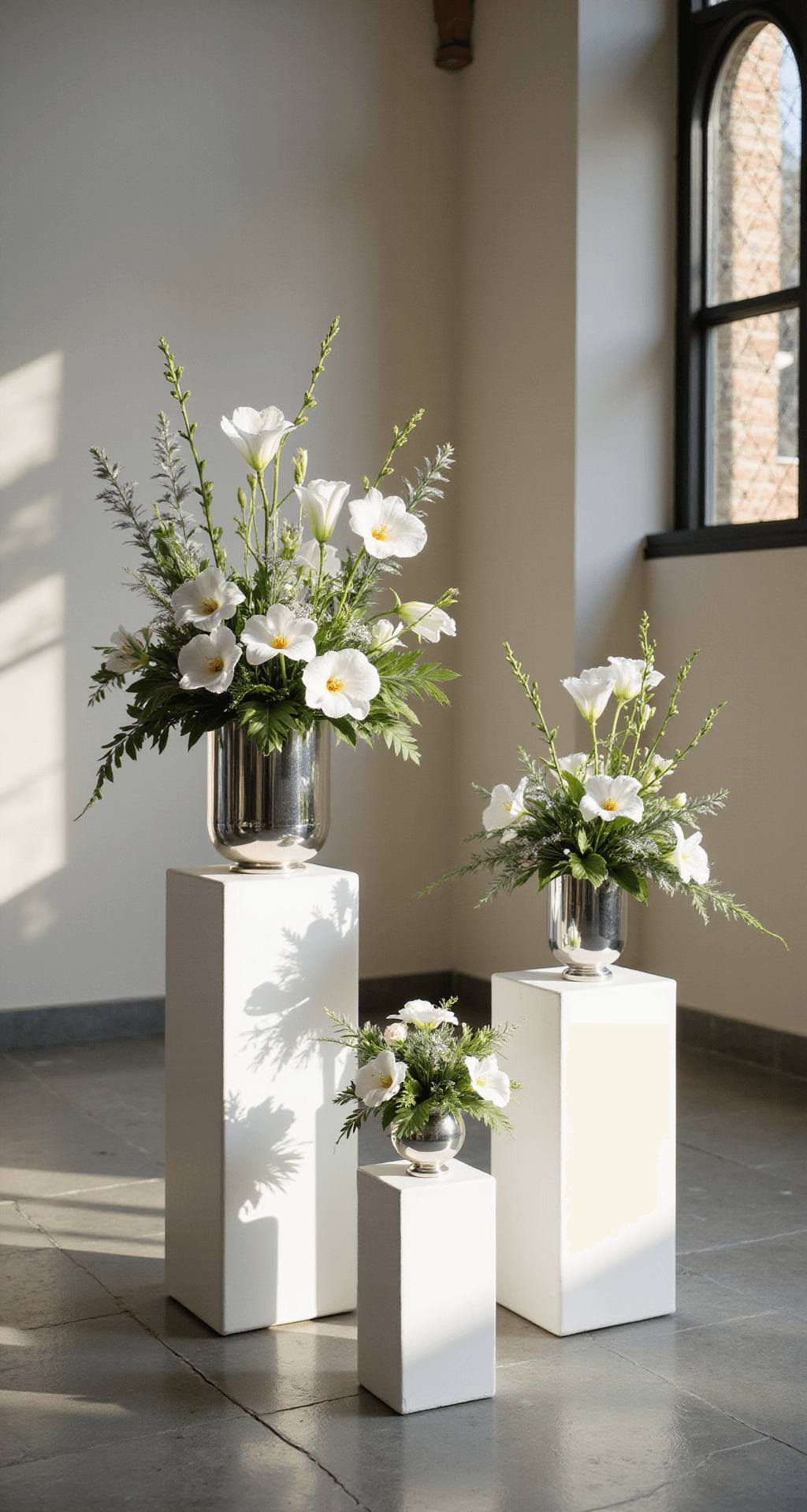 A modern altar design with sleek white pedestals showcasing calla lilies, white orchids, and silver dollar eucalyptus in polished chrome vessels, creating geometric shadows in a sunlit historic church setting.