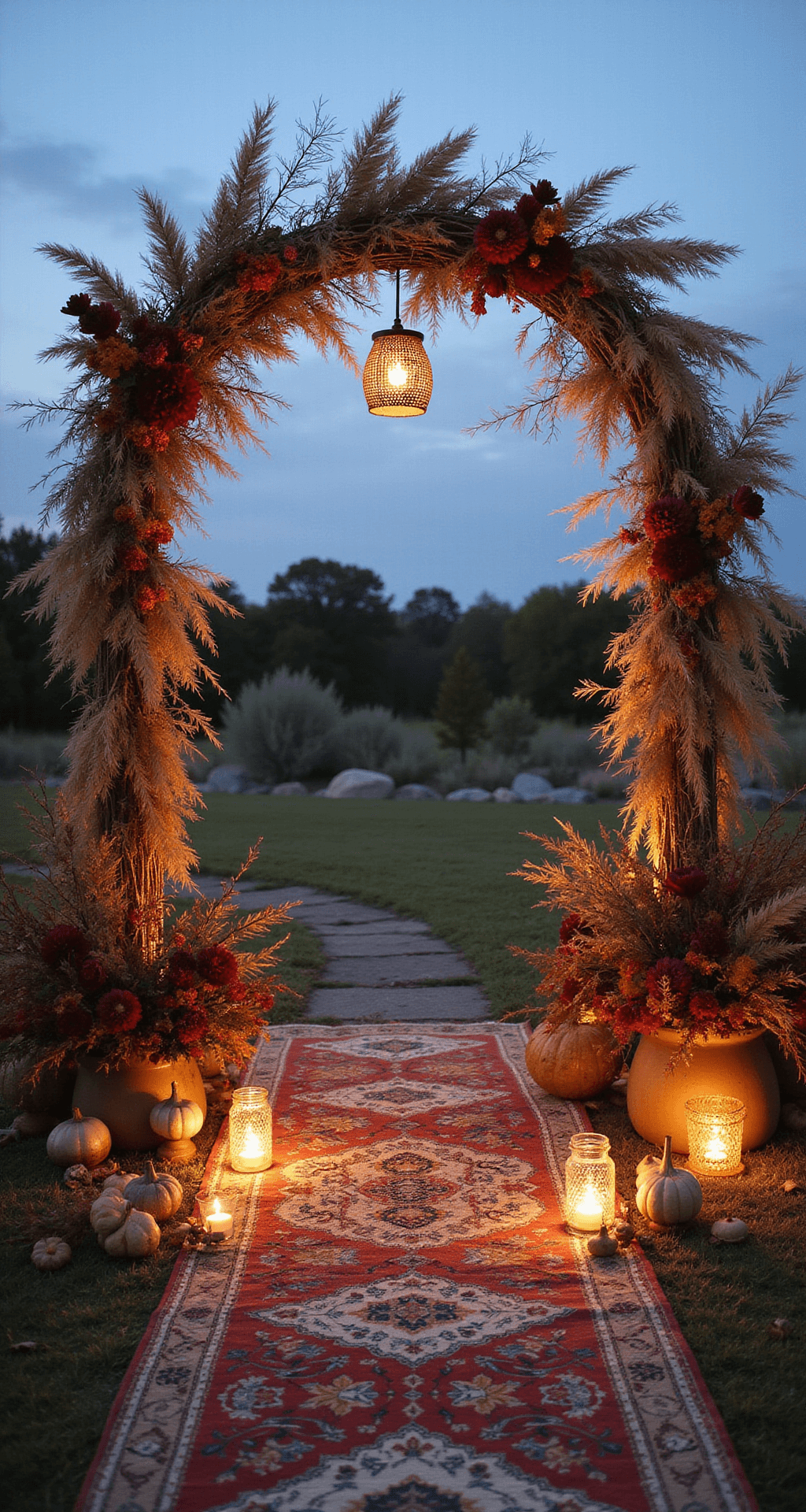 Boho-inspired autumn altar with copper arches, pampas grass, burgundy dahlias, wild branches, vintage rugs, hanging rattan lanterns, and earth-toned florals during blue hour.
