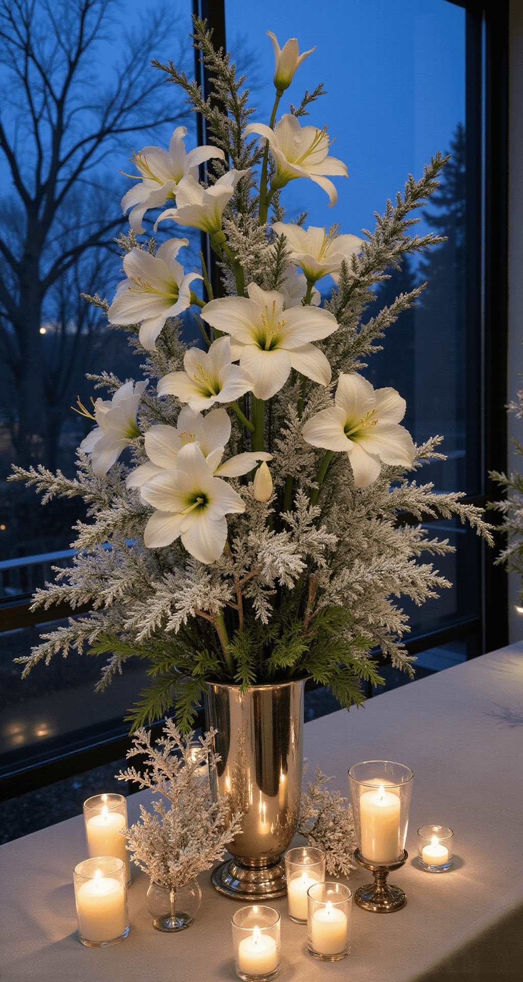 A winter wonderland altar scene at dusk featuring towering arrangements of white amaryllis, snow-dusted pine, and silver brunia berries for a crystalline effect, with mercury glass vessels reflecting candlelight and white orchids floating among frosted branches, highlighted by dramatic uplighting that casts mysterious shadows.