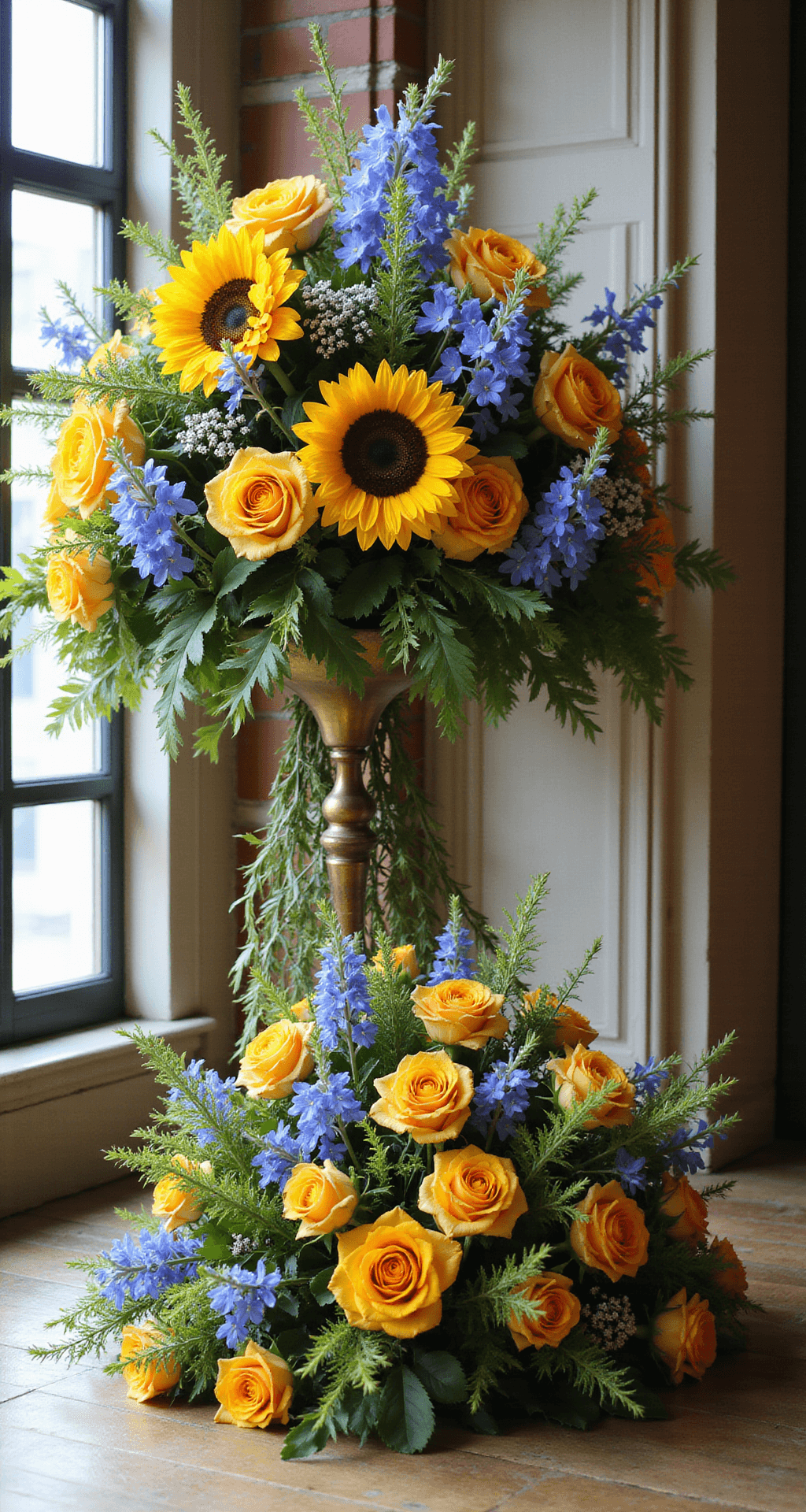 A close-up of a summer garden-inspired altar design with vibrant sunflowers, golden roses, and blue delphiniums on brass stands wrapped in smilax vine, bathed in morning light.