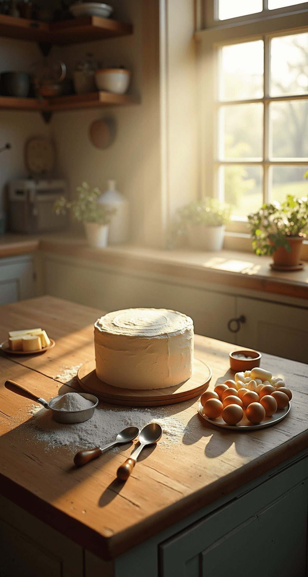 A sunlit kitchen workspace with vintage wooden countertops, featuring neatly arranged cake ingredients like fresh eggs, sifted flour, and creamy butter, illuminated by golden morning light.