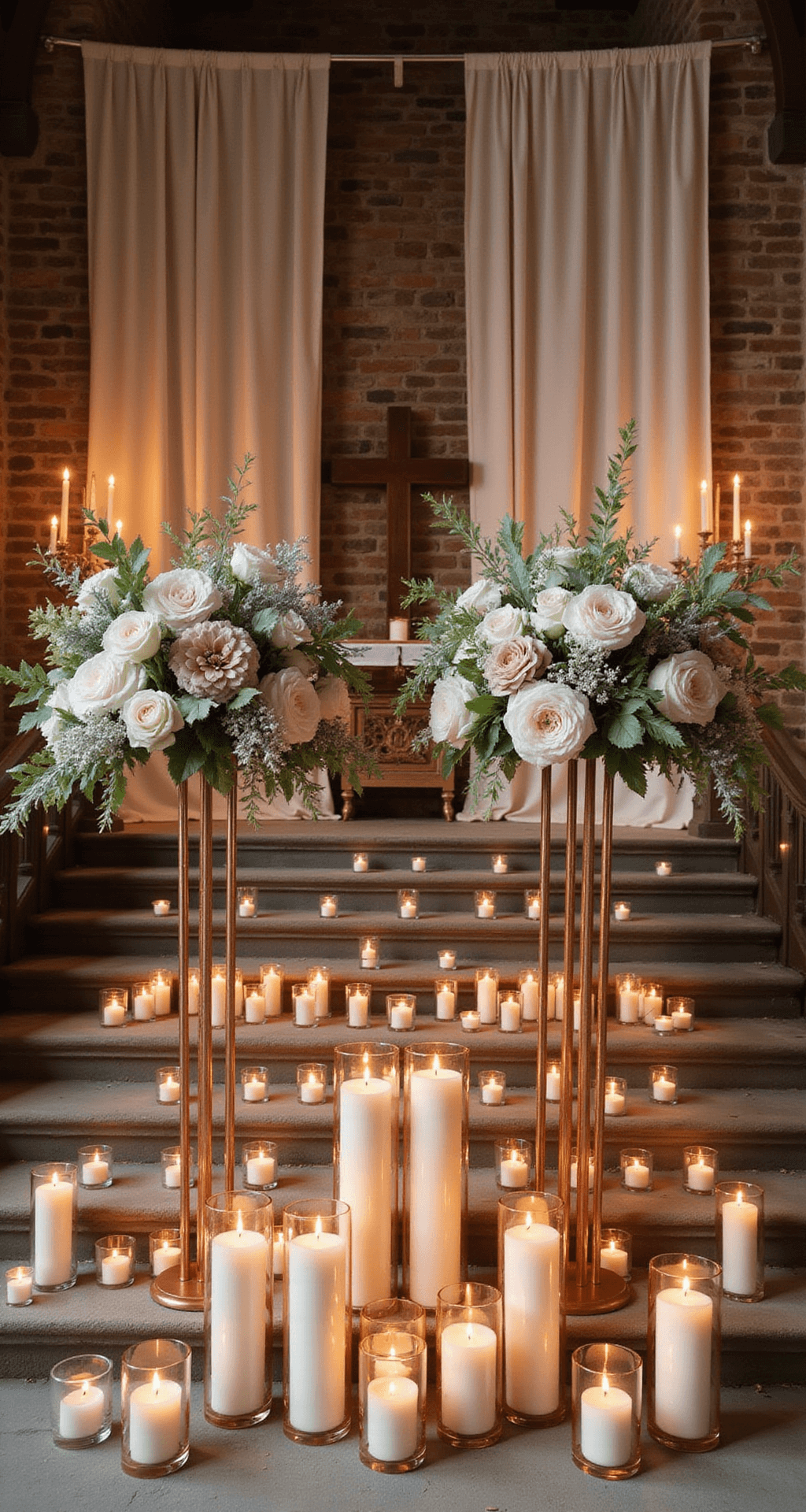 A romantic twilight altar with rose gold stands holding garden-style arrangements of cream roses, pink dahlias, and silver foliage. Numerous votive candles illuminate the scene, with sheer drapery softening the stone church walls. The view from behind the altar highlights the candlelit gradient through the flowers.