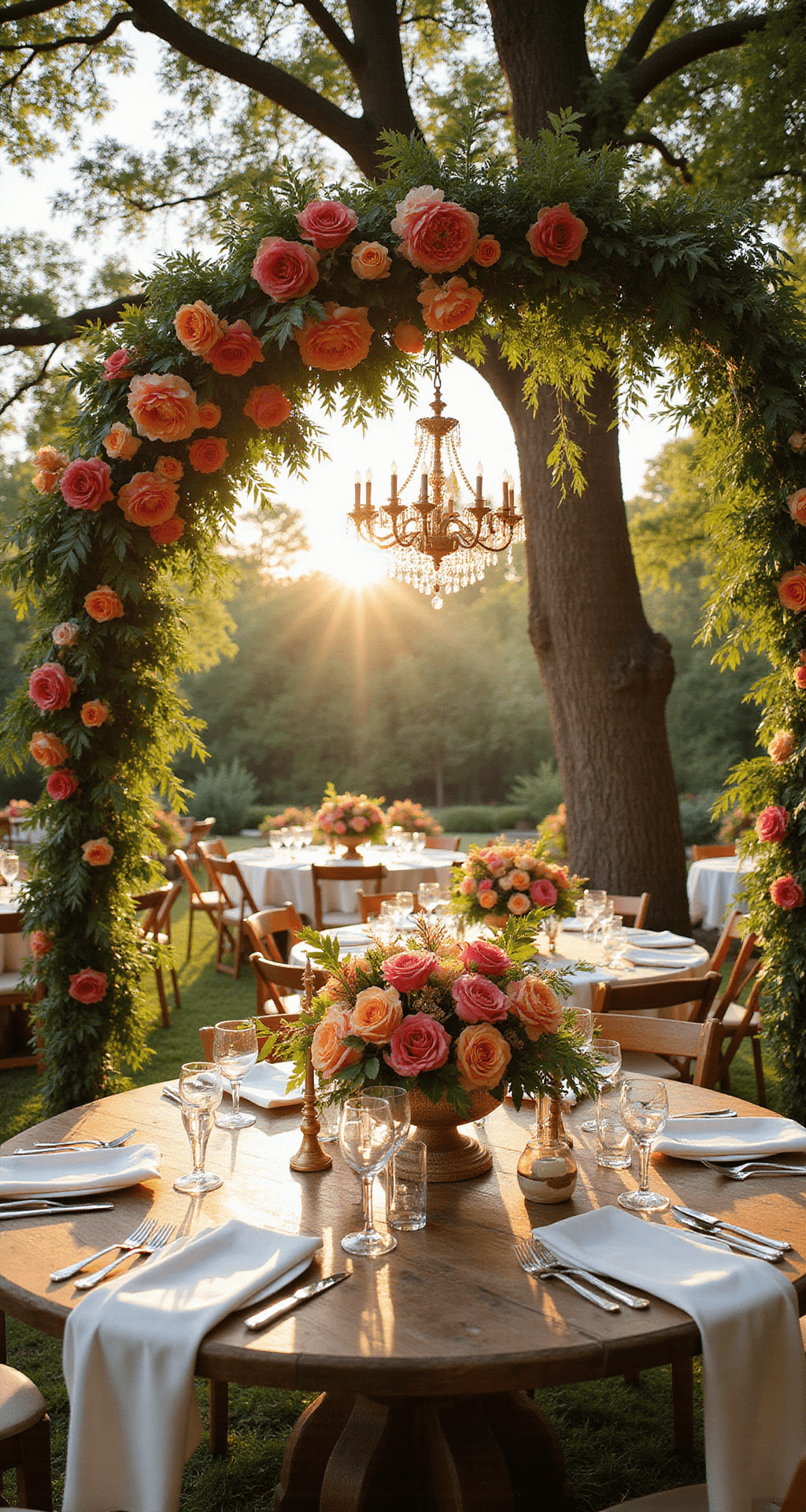 Bright Wedding Flowers: Adding Color and Joy to Your Special Day Alt text: Sunlit garden ceremony setup with an 8-foot floral arch of coral and orange roses, round tables with rose centerpieces, crystal chandeliers, and farm tables with ivory silk runners in a romantic atmosphere.