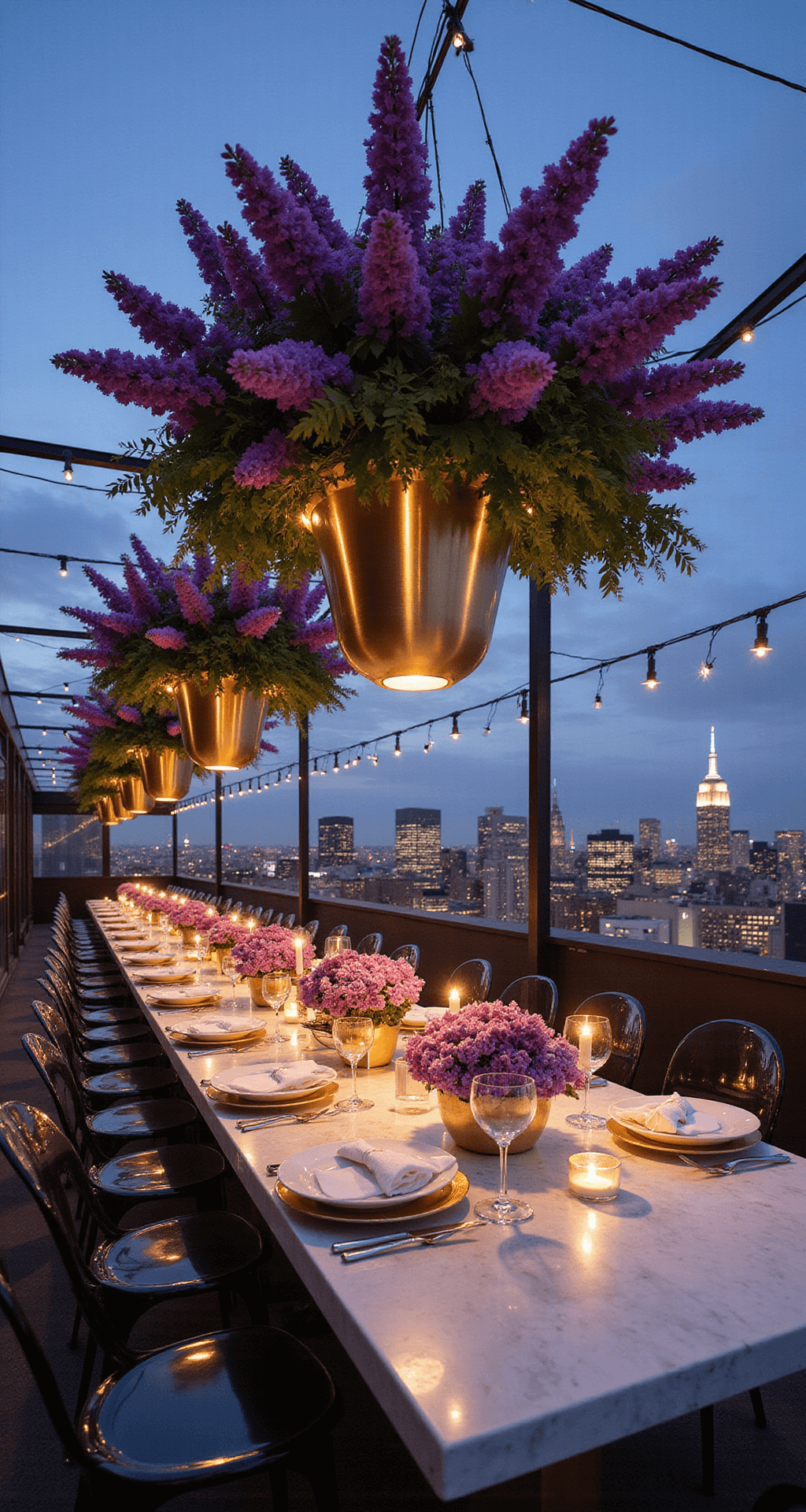 Bright Wedding Flowers: Adding Color and Joy to Your Special Day A modern rooftop venue at twilight with dramatic purple flower canopies, metallic gold vessels, and thousands of fairy lights, overlooking the sparkling Manhattan skyline.