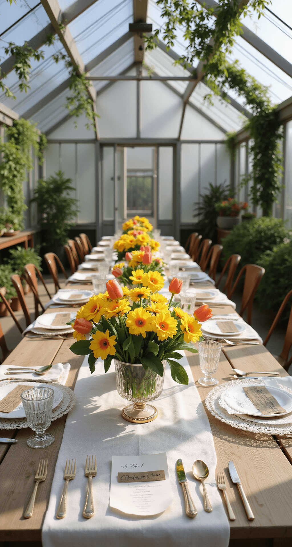Bright Wedding Flowers: Adding Color and Joy to Your Special Day A sunlit greenhouse brunch with daffodils and tulips in crystal vases on wooden tables, accented by muslin runners, gold-rimmed glassware, and handwritten cards, surrounded by trailing vines and potted plants.