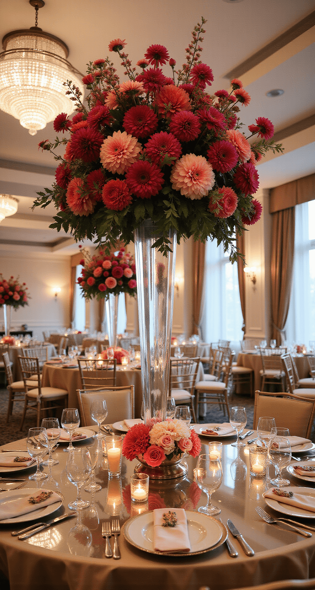 Bright Wedding Flowers: Adding Color and Joy to Your Special Day A lavish ballroom with dramatic floral centerpieces of magenta and coral dahlias and garden roses on mirrored tables, illuminated by crystal chandeliers and floating candles. Ivory silk drapes and gold Chiavari chairs enhance the romantic setting.