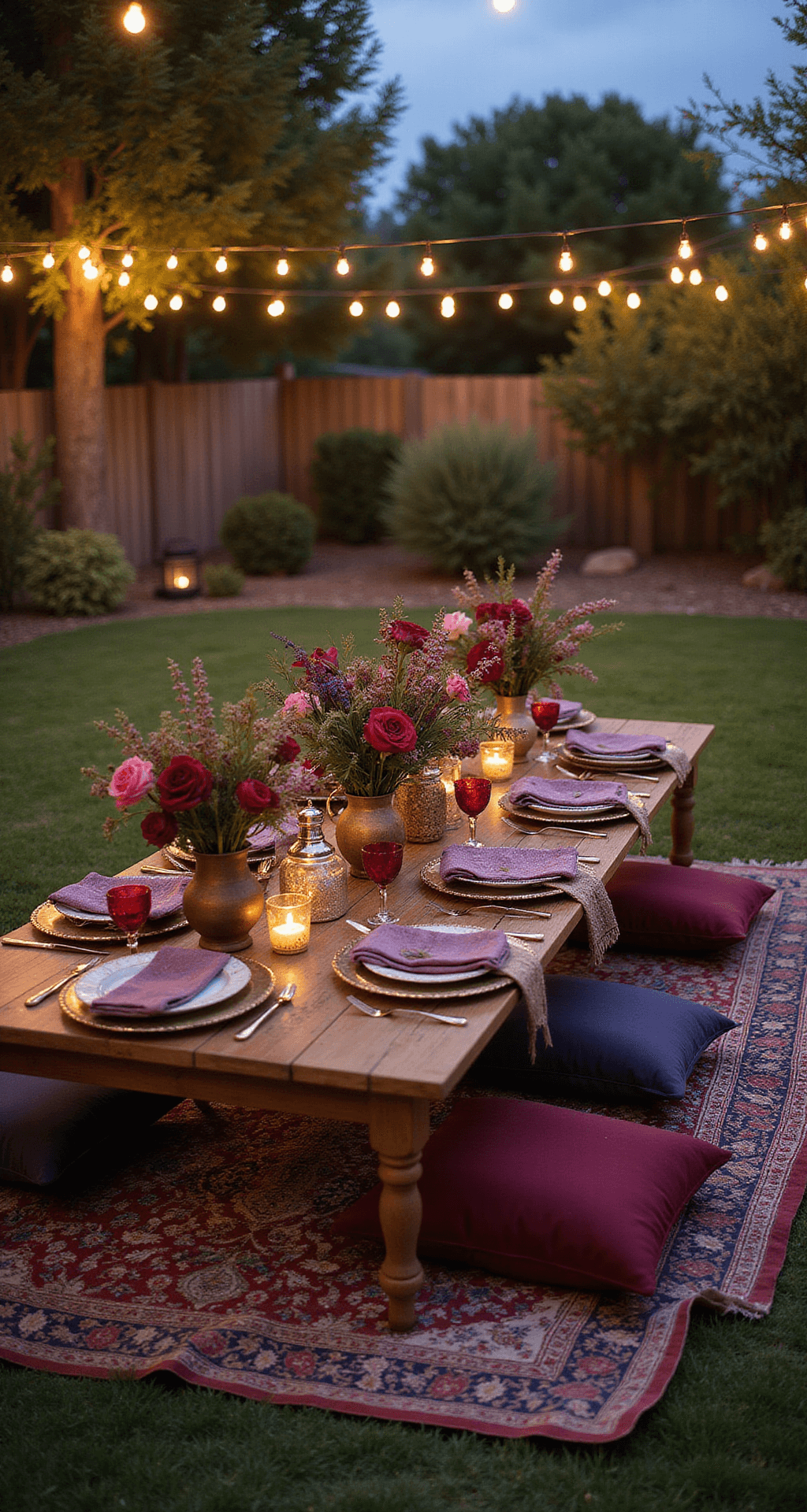 Bright Wedding Flowers: Adding Color and Joy to Your Special Day A cozy Bohemian backyard dinner party with low tables decorated with wildflowers in vibrant colors, surrounded by floor cushions and vintage rugs, under ambient lighting from Moroccan lanterns and string lights.