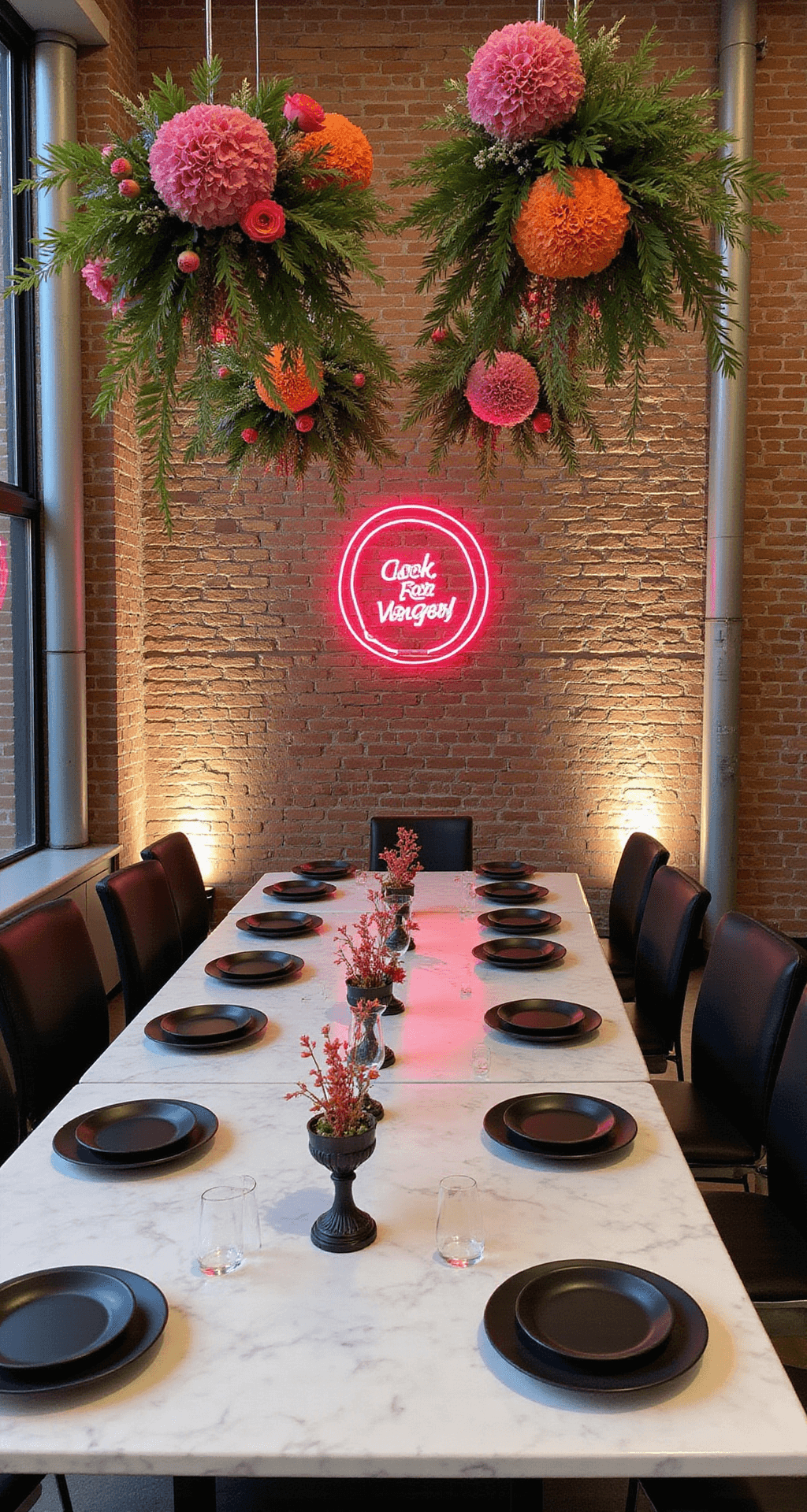 Bright Wedding Flowers: Adding Color and Joy to Your Special Day Overhead view of a modern loft celebration with industrial-elegant styling, featuring suspended floral installations in bright pink and orange against exposed brick walls, white marble tables set with matte black plates, geometric centerpieces, and punchy neon signage.