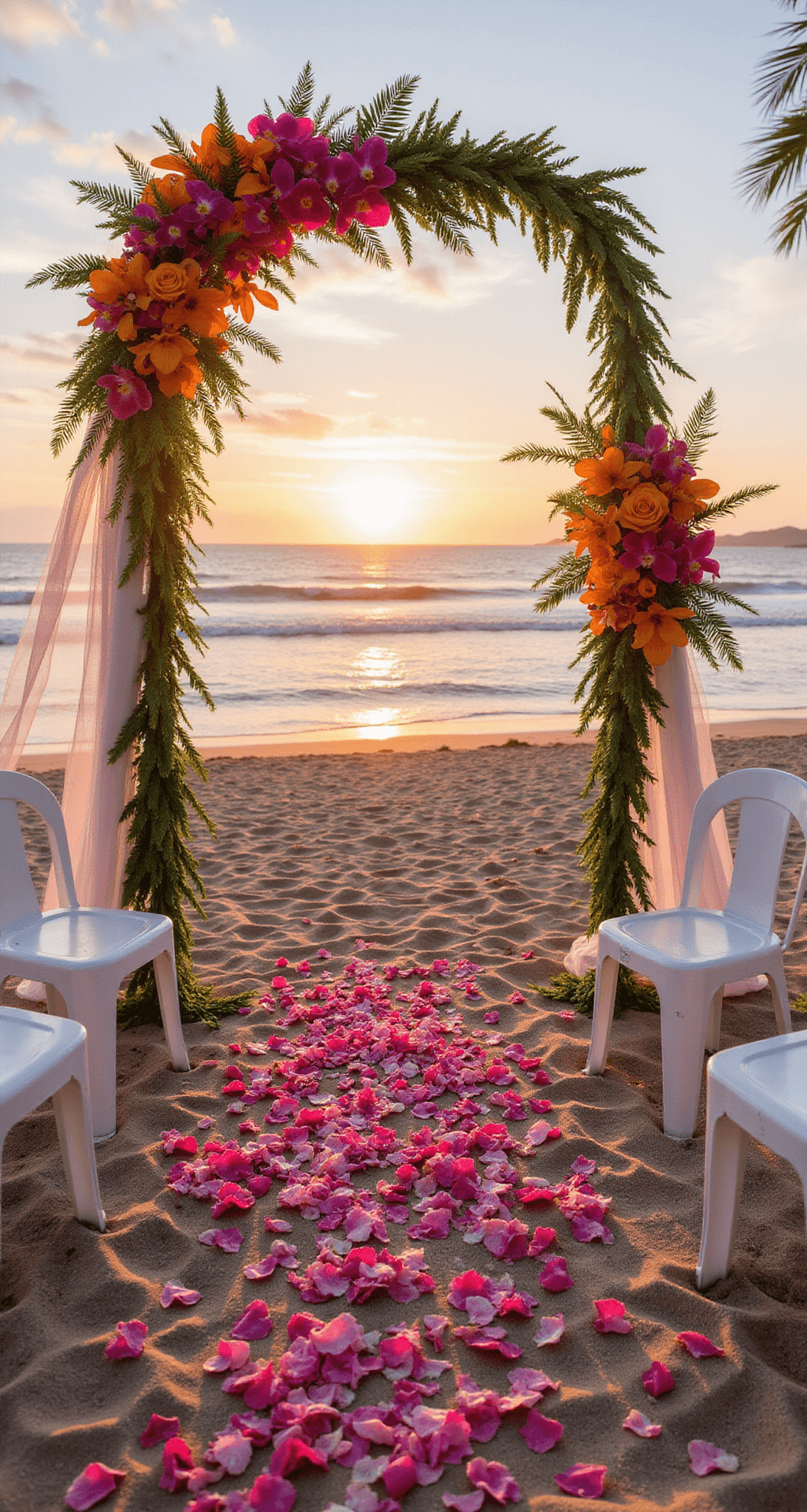 Bright Wedding Flowers: Adding Color and Joy to Your Special Day A beachfront sunset ceremony with vibrant tropical flowers, white chairs along an aisle of rainbow rose petals, sheer fabric in the breeze, and ocean backdrop at golden hour.
