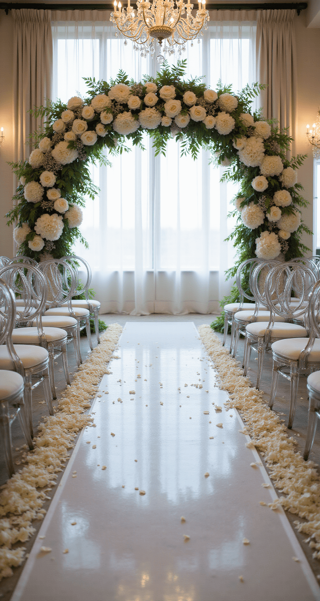 A high-angle view of a grand ballroom wedding setup with ghost chairs, cascading white hydrangeas, and roses. Sunlight beams through large windows onto sheer drapery, and a floral arch of peonies, roses, and baby's breath frames the altar. Crystal chandeliers hang overhead, and marble floors reflect the scene with a focus on the central aisle runner scattered with white rose petals.