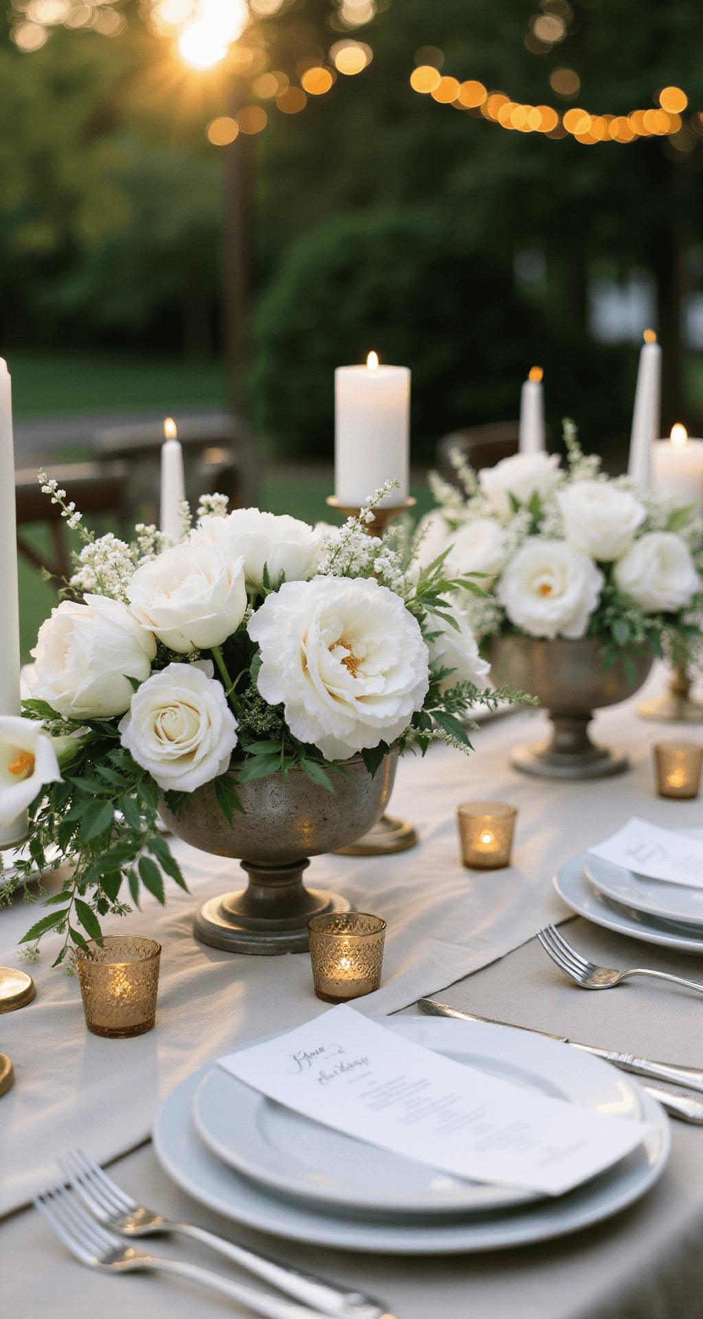 Ivory-draped harvest table with vintage silver compotes of white flowers, glowing candles, and elegant place settings under twinkling fairy lights at golden hour.