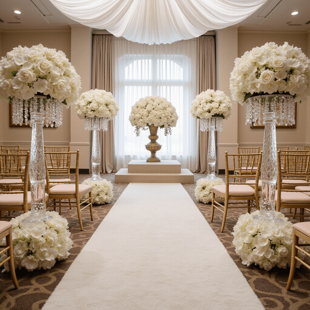 Ultimate Wedding Aisle Decoration Guide: Transform Your Ceremony Space Overhead view of an elegant indoor ballroom ceremony with an ivory carpet aisle, crystal candelabras adorned with orchid garlands, gold chiavari chairs with blush cushions, a large floral arrangement of white roses and orchids, sheer white draping on the ceiling, and soft uplighting.