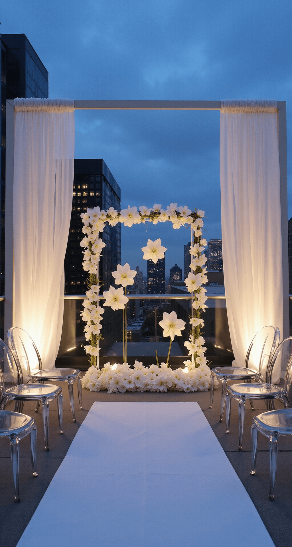 A modern rooftop ceremony at blue hour featuring a minimalist white floral installation with calla lilies and orchids in geometric patterns within lucite frames against the city skyline. Ghost chairs form a semicircle facing the altar, with up-lighting illuminating white drapery billowing in the breeze.