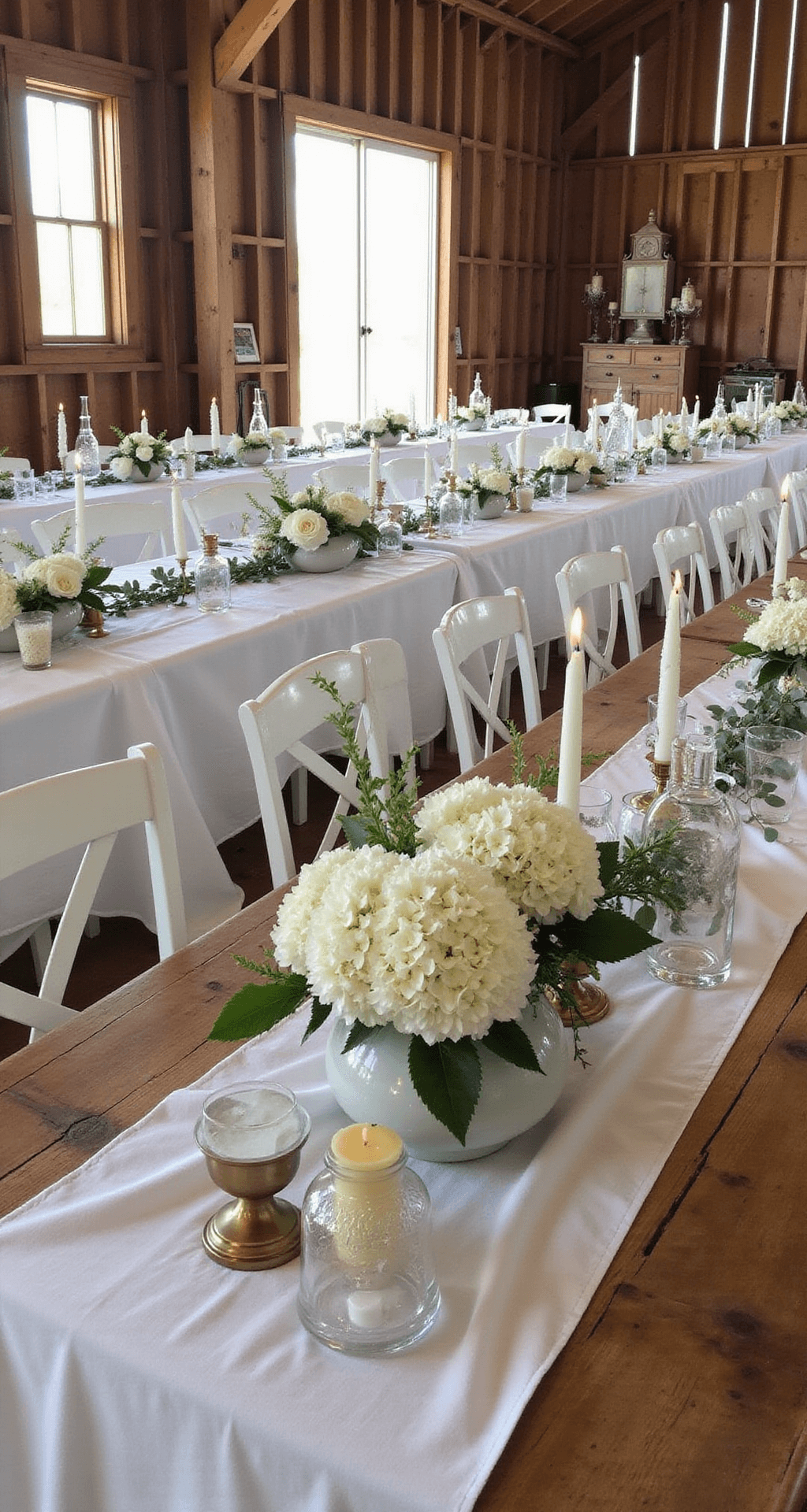 Rustic barn reception tables with white hydrangea and garden rose centerpieces, eucalyptus, white linen runners, cross-back chairs, vintage crystal decanters, and brass candle holders in natural daylight.