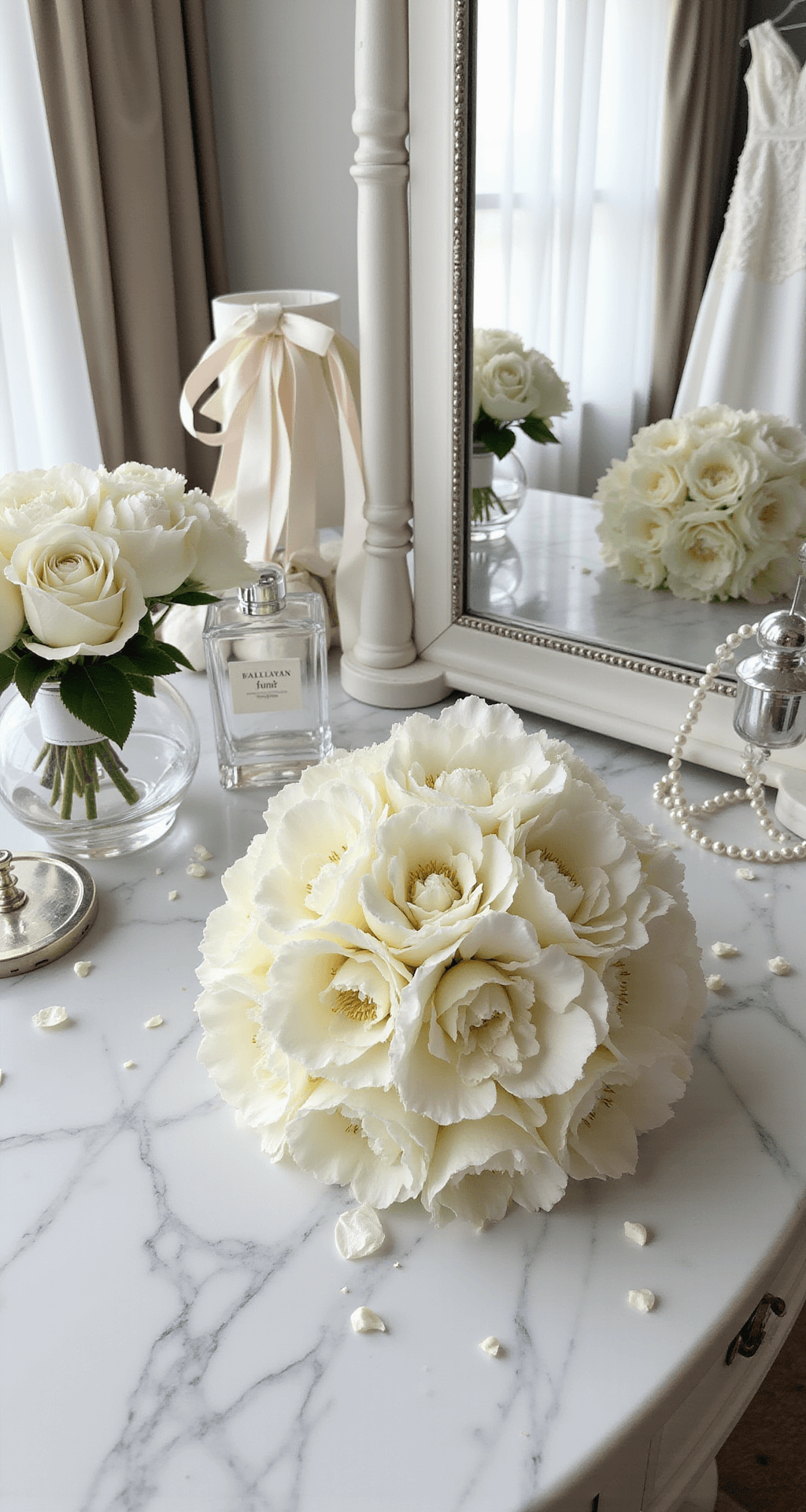 A luxurious bridal suite featuring a cascading white peony bouquet on a marble vanity, with morning light highlighting a lace dress and silver-framed mirrors reflecting white rose petals and bridesmaids' bouquets. Crystal perfume bottles and pearl hairpins add elegant touches.