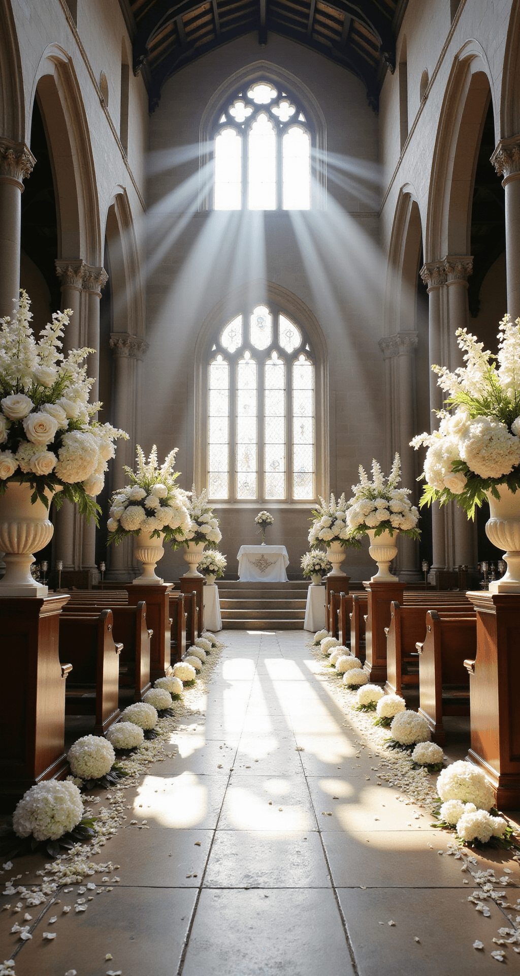 A grand cathedral interior adorned with white rose and hydrangea garlands, light beams through stained glass, and white petals lining the aisle, highlighting the architectural and floral splendor.