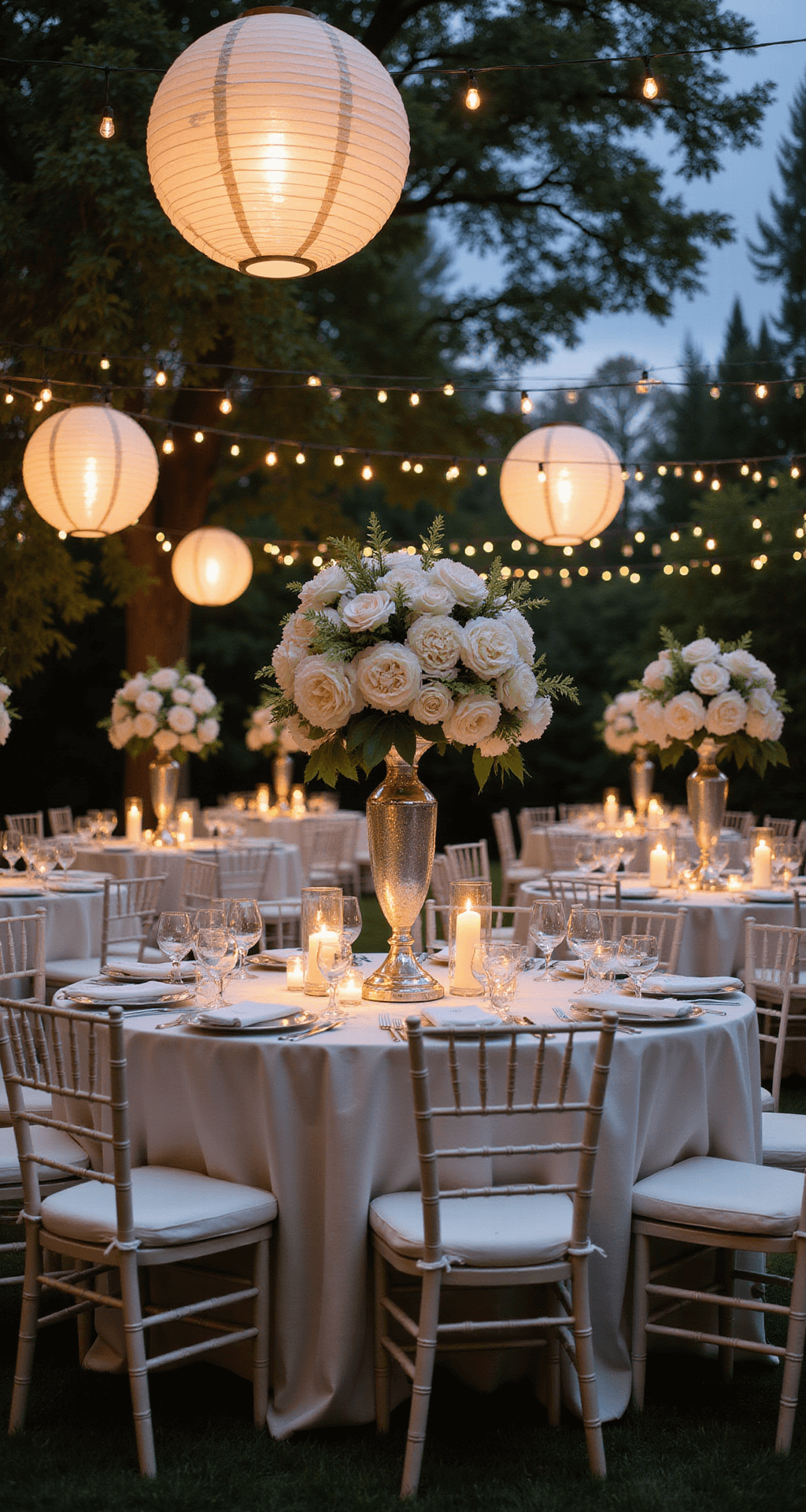 Outdoor twilight reception with white paper lanterns, fairy lights, tall silver centerpieces, garden roses, hydrangeas, votive candles in hurricane glasses, white Chiavari chairs, and magical lighting effect.