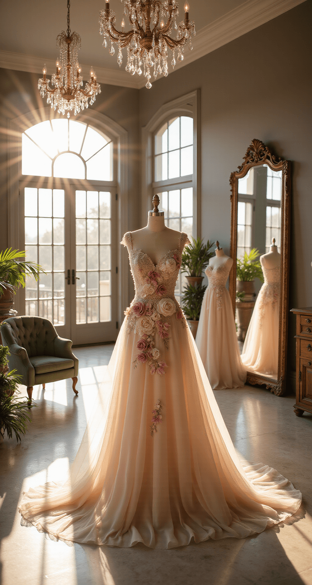 A sunlit bridal boutique showcasing floral wedding gowns on mannequins, with chandeliers reflecting light on marble floors, highlighted by a blush-toned A-line gown with 3D floral appliqués.