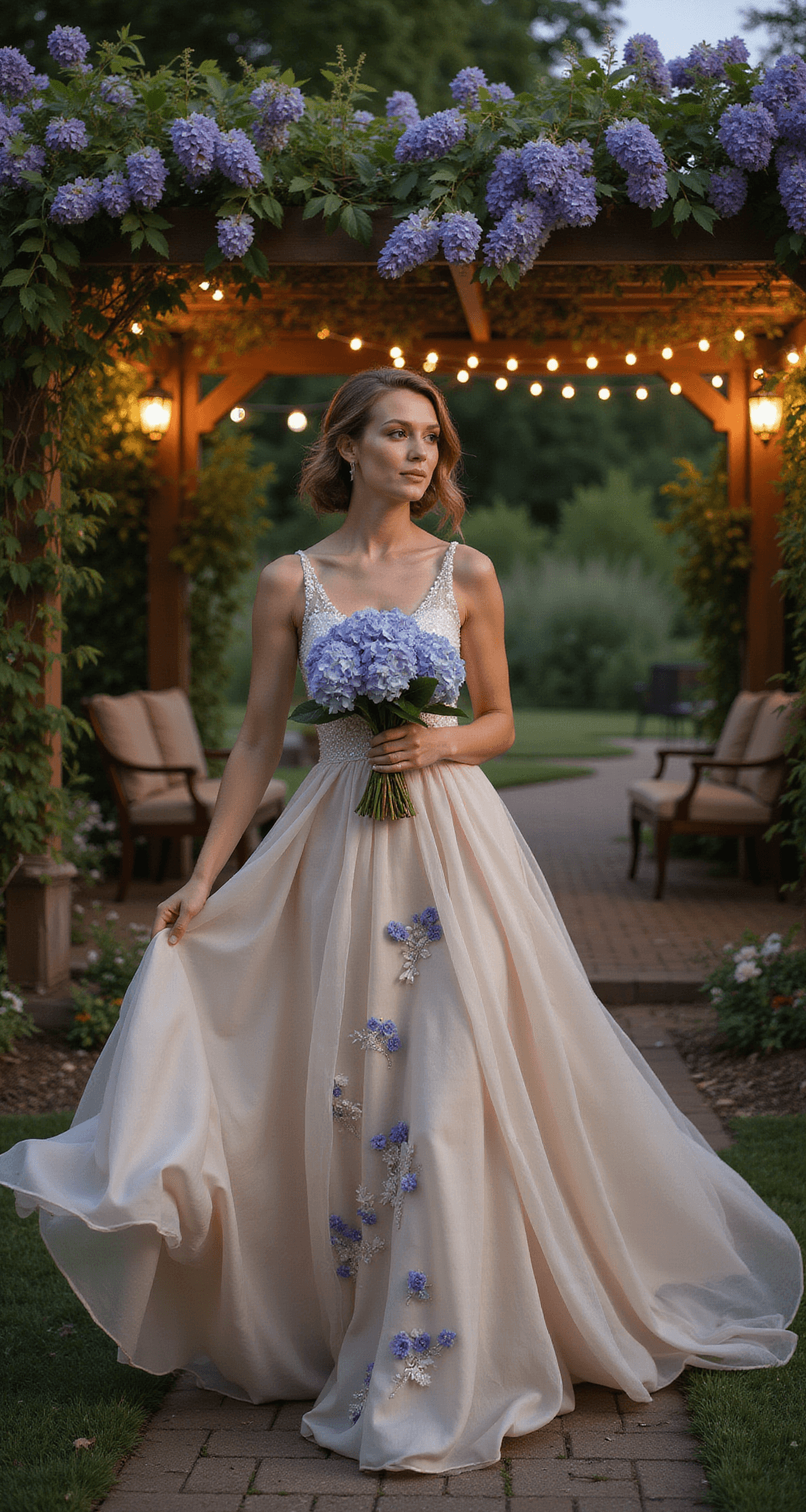 Bride in a champagne gown with blue hydrangea embroidery twirls under a wisteria-covered pergola, illuminated by fairy lights and surrounded by scattered lanterns and vintage furniture at an intimate garden wedding during dusk.