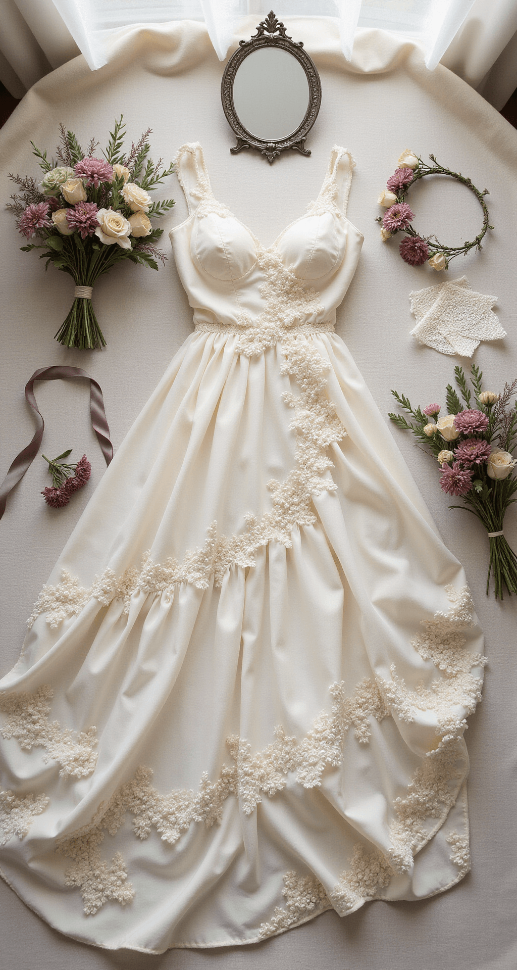 A deconstructed floral wedding dress styled on a cream linen backdrop, featuring a vintage-inspired gown with hand-sewn pearl flowers, surrounded by an antique silver hand mirror, a dried flower crown in mauve and sage, a silk ribbon bouquet, lace samples, and pressed flowers, illuminated by morning light and studio lighting.