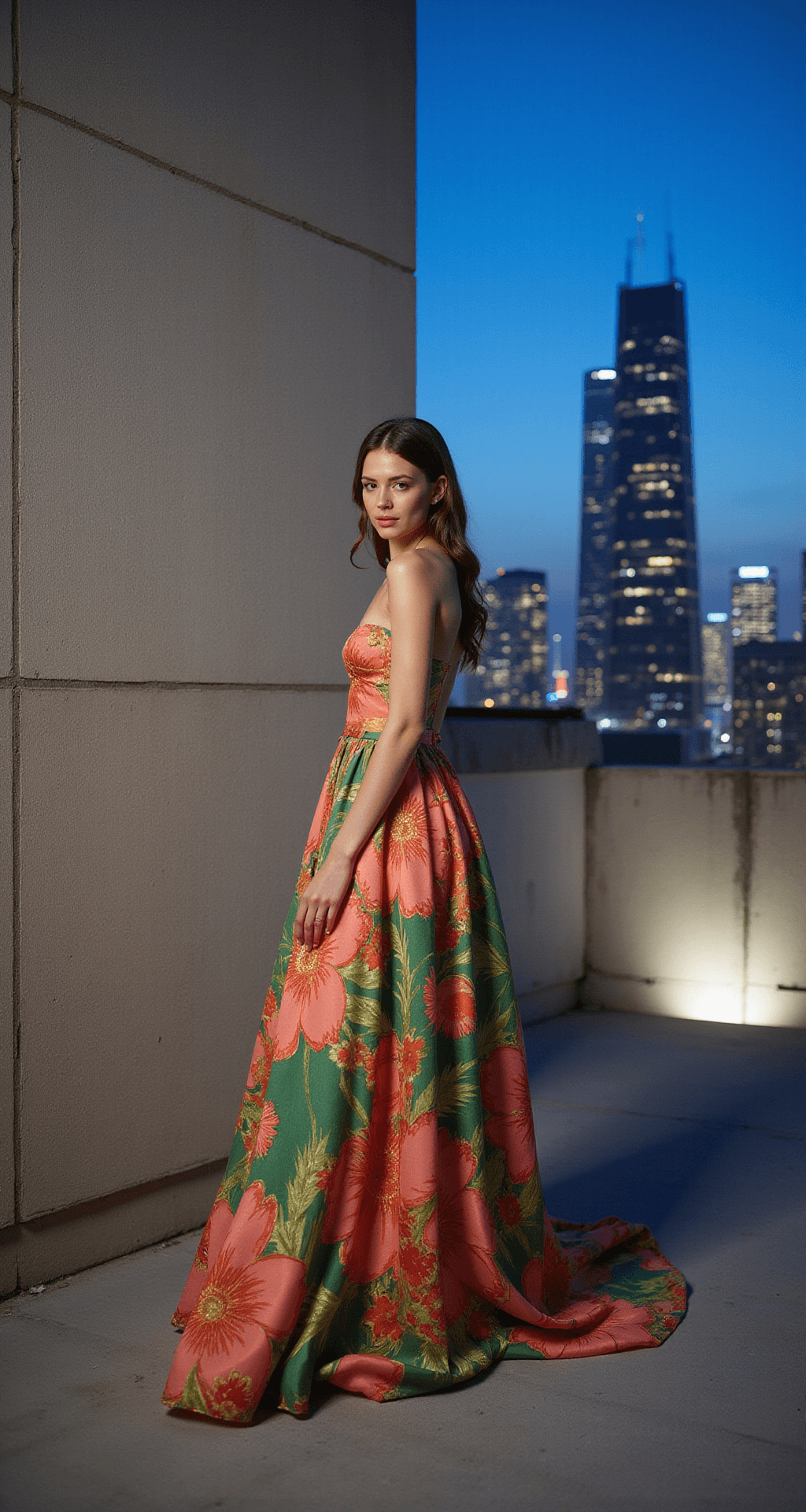 A woman in a bold multi-colored floral wedding dress stands on a modern rooftop during blue hour, with city lights twinkling in the background. The dress, featuring oversized tropical prints in vibrant coral, emerald, and gold on silk organza, contrasts with the minimalist concrete surroundings. The creative lighting highlights the dress's movement against the urban architecture.