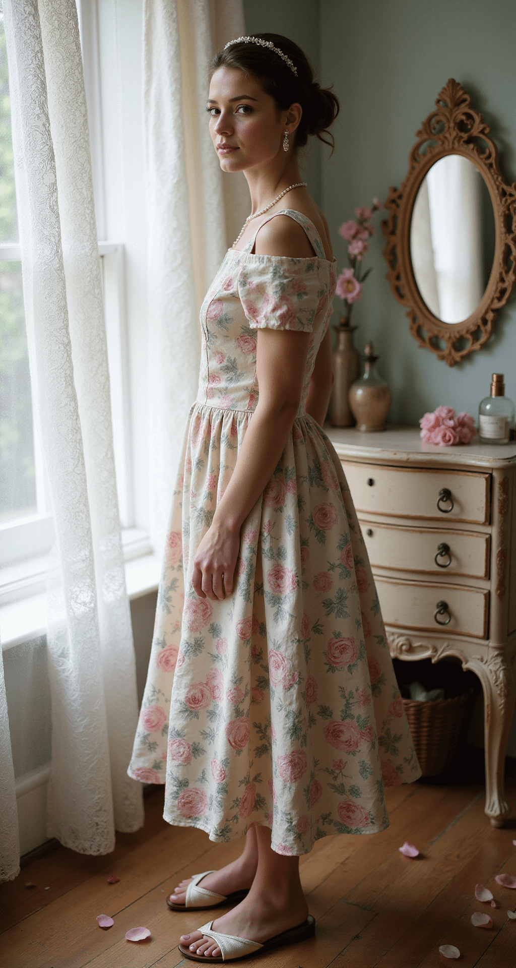 A bride in a pastel floral tea-length dress stands in a vintage bedroom filled with natural light and lace curtains, surrounded by pearl accessories, vintage perfume bottles, and scattered rose petals. An antique vanity reflects the dress's delicate rose prints in soft pink and mint green.