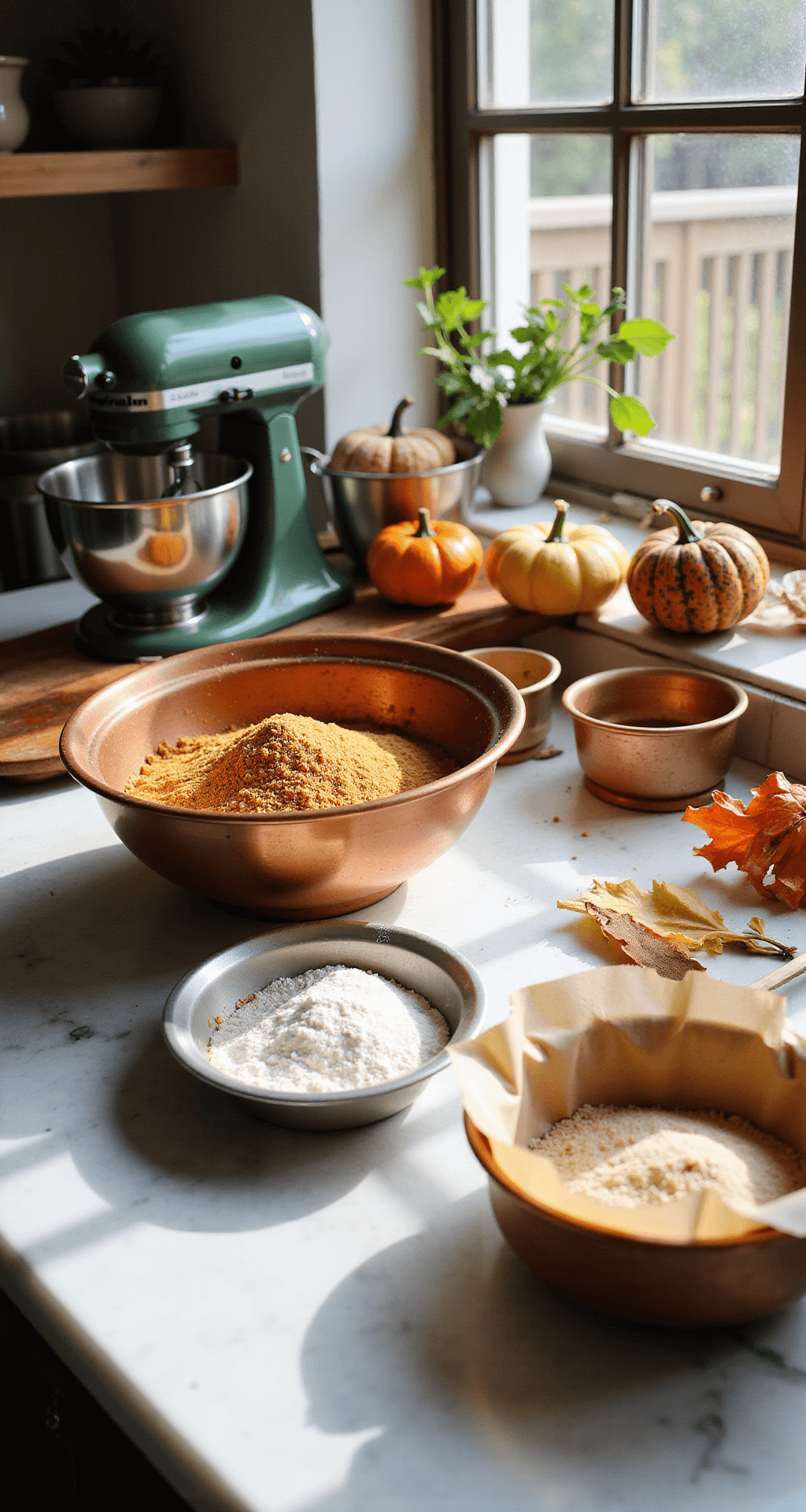 A sunlit professional kitchen with a marble countertop, showcasing copper mixing bowls filled with flour, golden sugar, and spices, surrounded by pumpkins and seasonal ingredients, capturing the essence of fall wedding cake preparation.