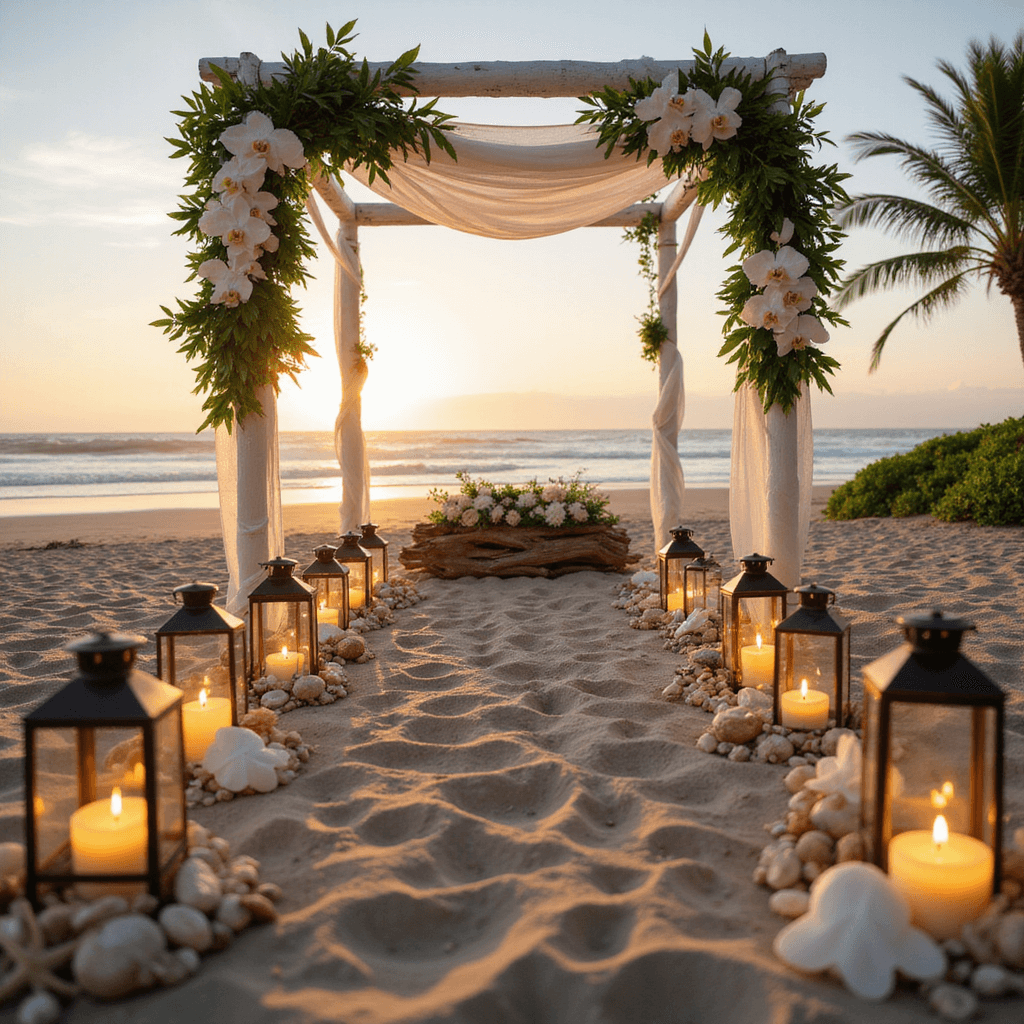 Ultimate Wedding Aisle Decoration Guide: Transform Your Ceremony Space A beachfront sunset ceremony scene with a sandy aisle lined with hurricane lanterns, shells, and starfish. Wooden posts wrapped with monstera leaves and dendrobium orchids hold billowing gauzy fabric. Golden hour light casts shadows on the sand. A driftwood altar adorned with tropical flowers completes the scene.