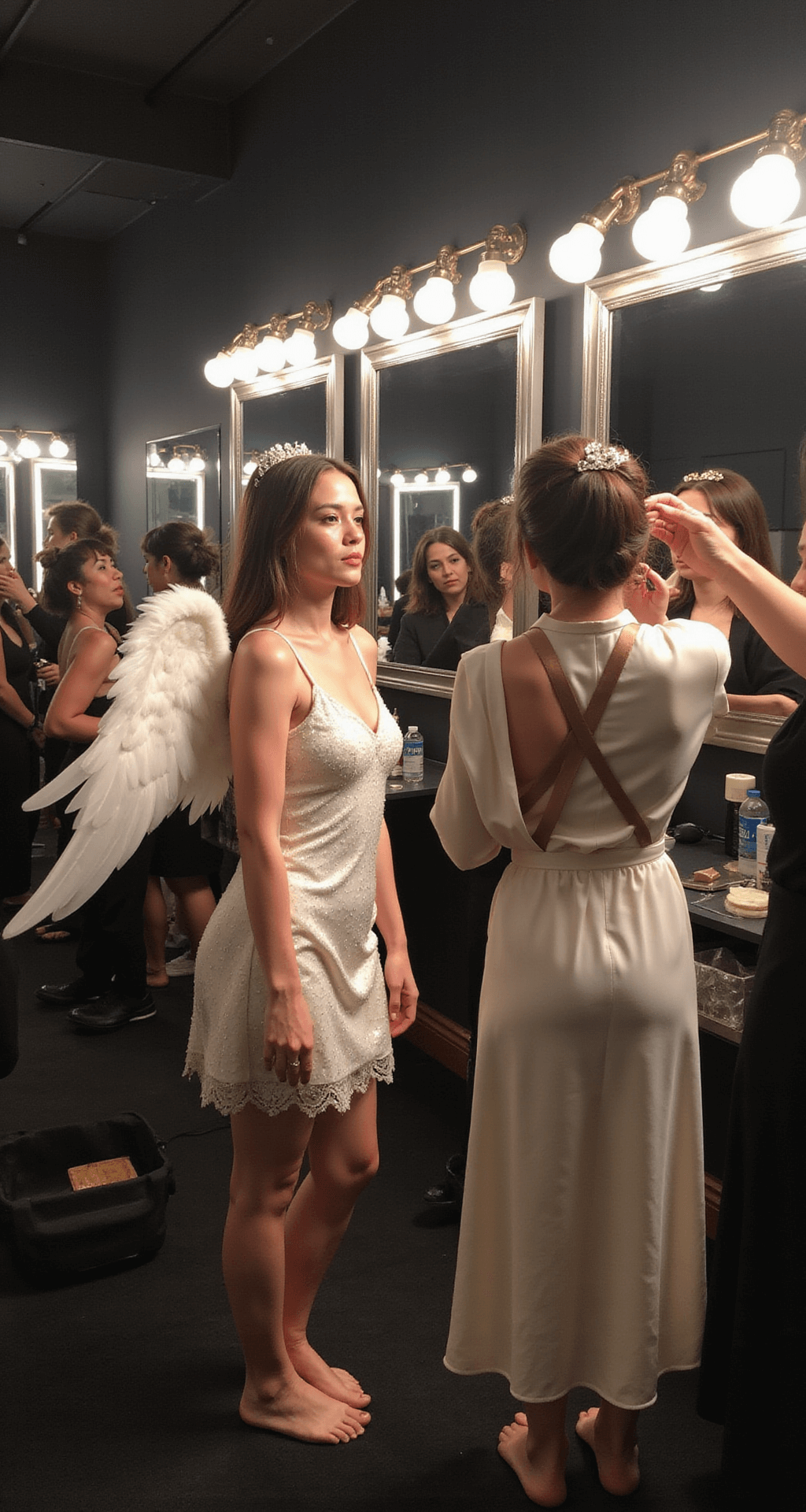 A model in a complete VS Angel costume checks her look in industrial mirrors backstage at a costume party, with professional lighting accentuating her body shimmer. A hairstylist adds volume to her hair while a makeup artist applies highlighter to her cheekbones. Her wings are secured with cross-body straps, and an elegant silk robe is ready for coverage. Evening venue lighting casts dramatic shadows on her wings.