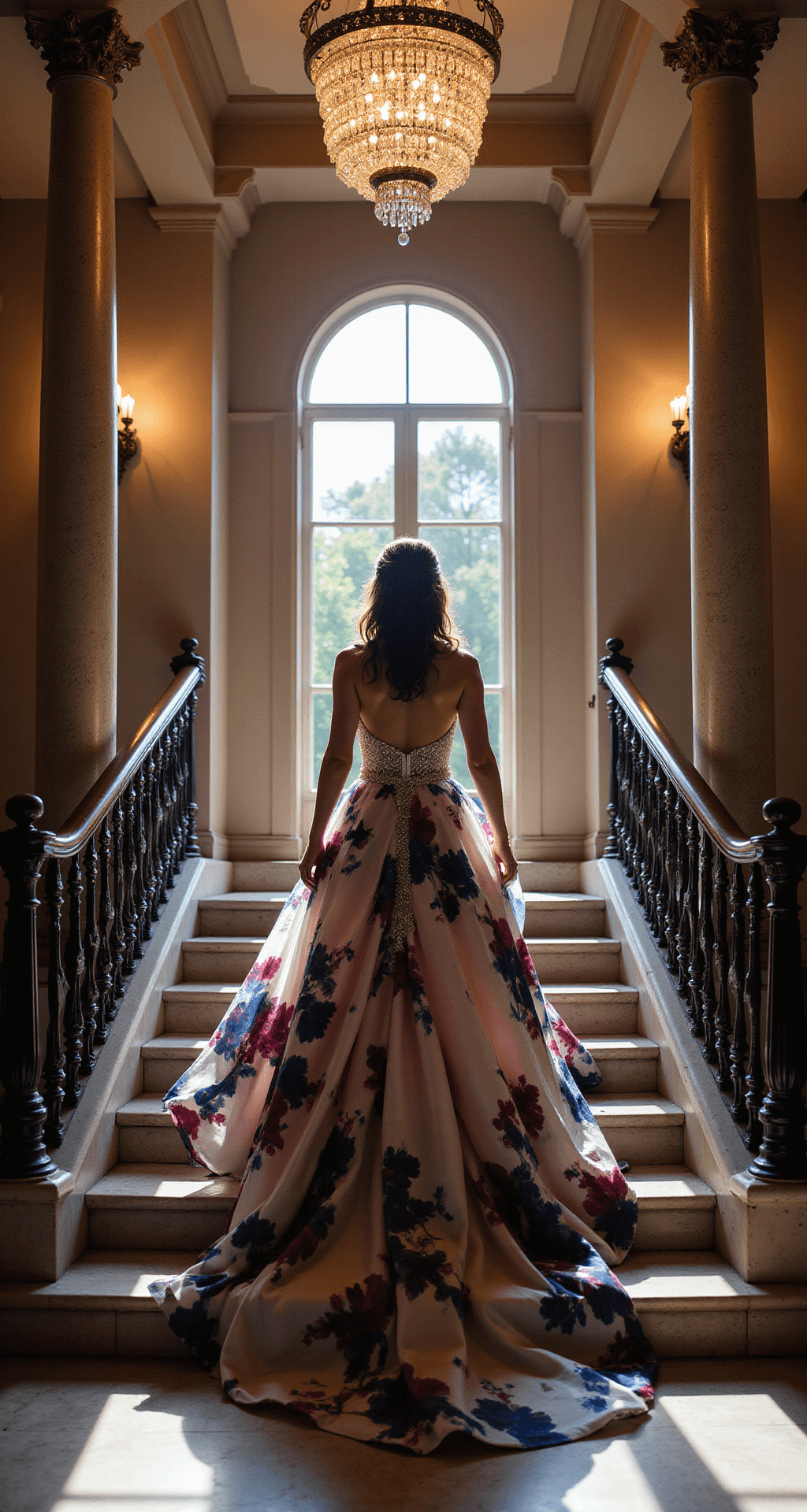 Bride in modern floral ballgown with abstract burgundy and navy prints descends grand staircase, framed by crystal chandeliers and marble columns, in a dramatic, low-angle shot with moody lighting.