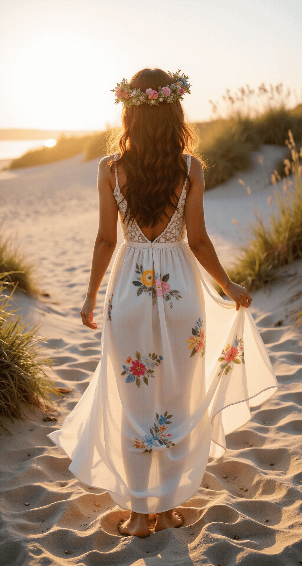 A bohemian floral wedding dress with wildflower embroidery in sunset colors flows in the ocean breeze during a beachfront sunrise, surrounded by sand dunes and sea oats, with a fresh flower crown and bare feet in the sand.