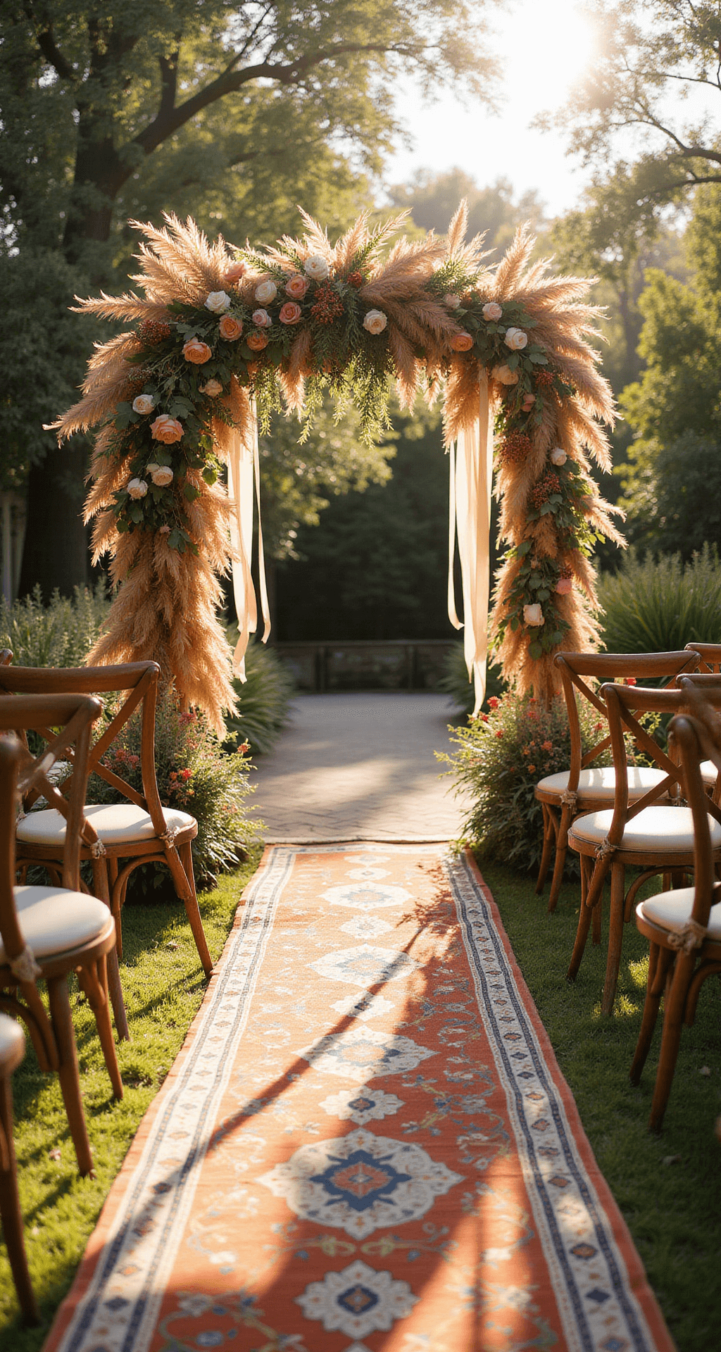 A sunlit garden wedding ceremony setup with an asymmetrical floral arch of pampas grass, wild roses, and dried palm fronds in terracotta and sage tones, surrounded by natural wood chairs and wildflower arrangements, all bathed in soft, dappled light.