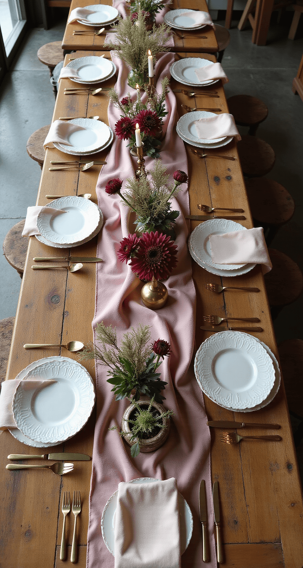 Overhead view of a bohemian reception tablescape featuring a long wooden table with dusty rose silk runners, organic floral centerpieces, vintage brass candleholders, and handmade ceramic place settings with gold flatware, all illuminated by natural light.