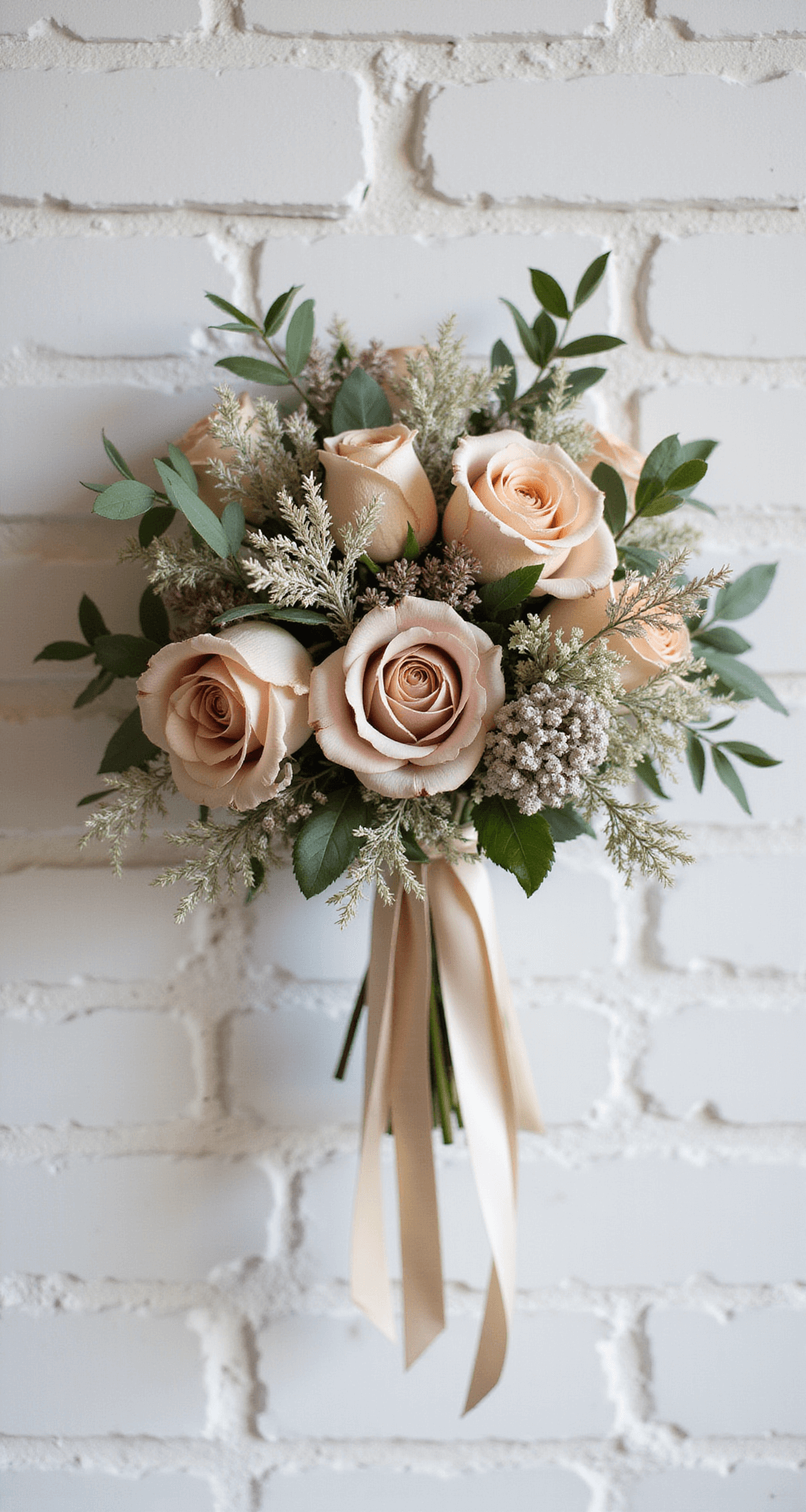Close-up detail of a bridal bouquet featuring garden roses, dried lunaria, and trailing silk ribbons, set against whitewashed brick, with a soft bokeh background highlighting textural elements like eucalyptus and wildflower sprigs.