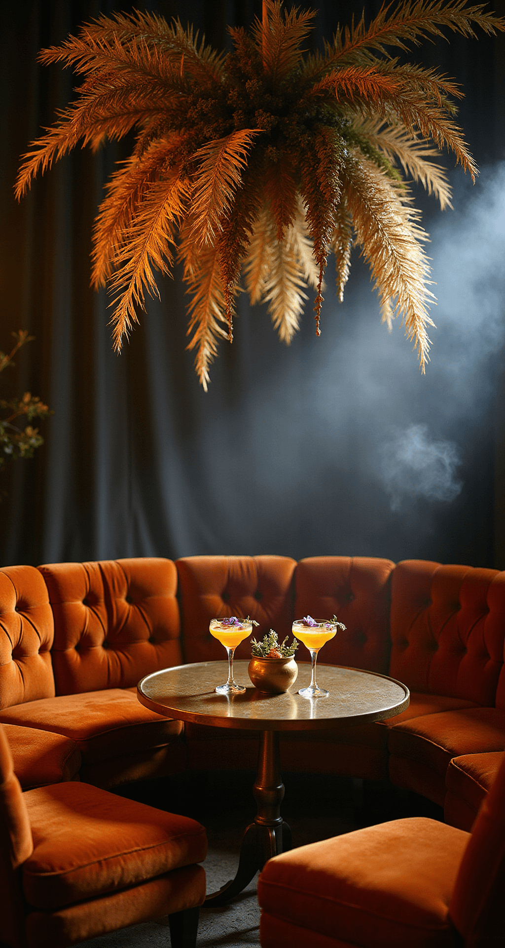 A cozy cocktail lounge with vintage burnt orange velvet seating arranged around low copper tables, featuring a dramatic overhead floral installation of pampas grass and palm fronds mixed with fairy lights, and artisanal cocktails adorned with fresh herbs and edible flowers, all illuminated by warm ambient lighting and subtle smoke effects.