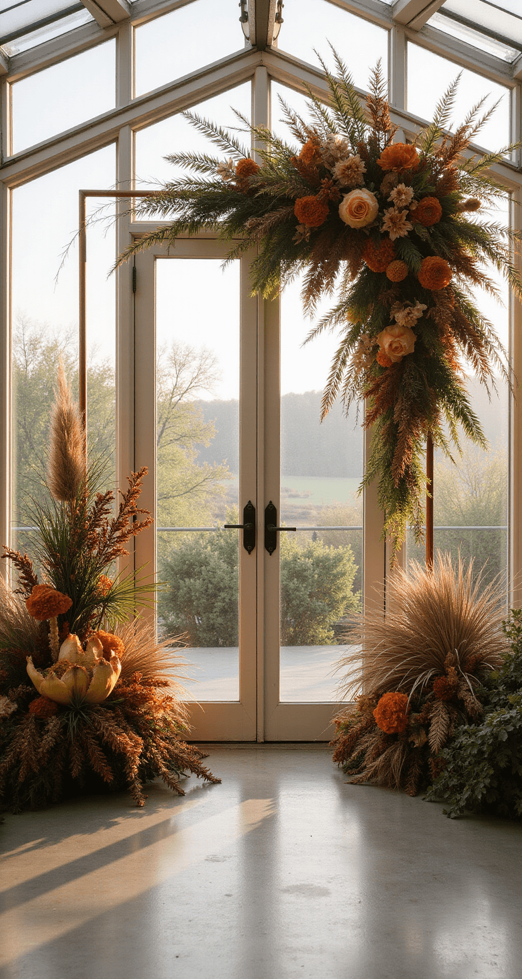 Asymmetrical floral backdrop installation in a greenhouse, featuring oversized protea and trailing amaranthus in sunset tones, complemented by geometric copper frames and mixed grasses, with natural light illuminating the design.