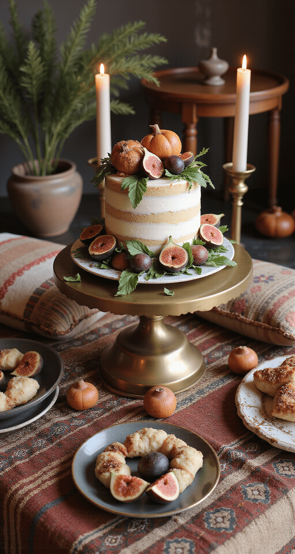 A beautifully styled bohemian dessert display featuring a semi-naked cake topped with fresh figs, garden roses, and gold-painted pampas grass on a vintage brass stand, surrounded by a cozy ottoman lounge area with handwoven floor cushions and low tables adorned with scattered bud vases, all illuminated by warm candlelight.