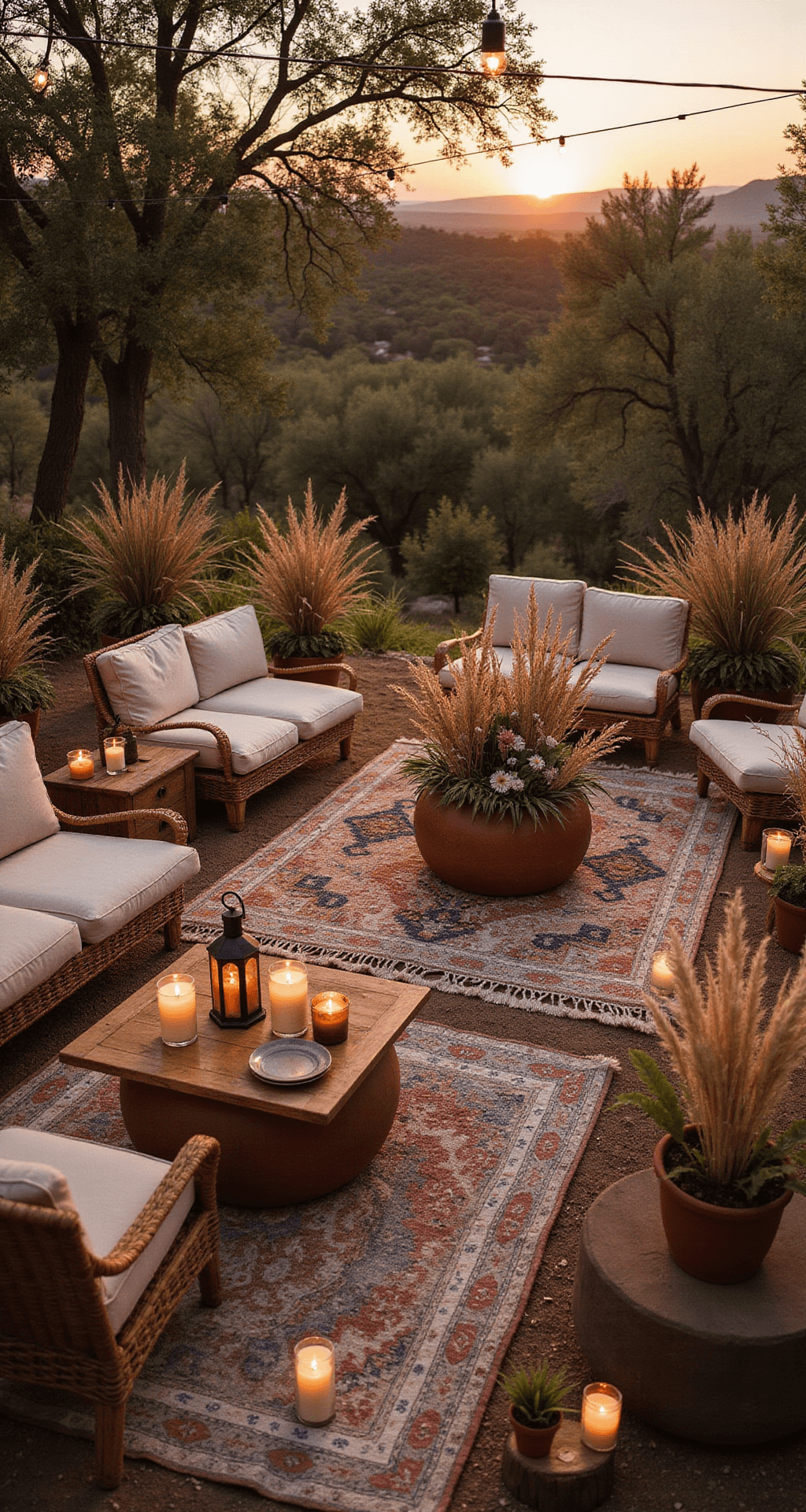 A drone's eye view of a cozy sunset lounge with layered vintage rugs, low rattan furniture, copper lanterns, pillar candles, and floral arrangements in terra cotta pots, all illuminated by overhead string lights.