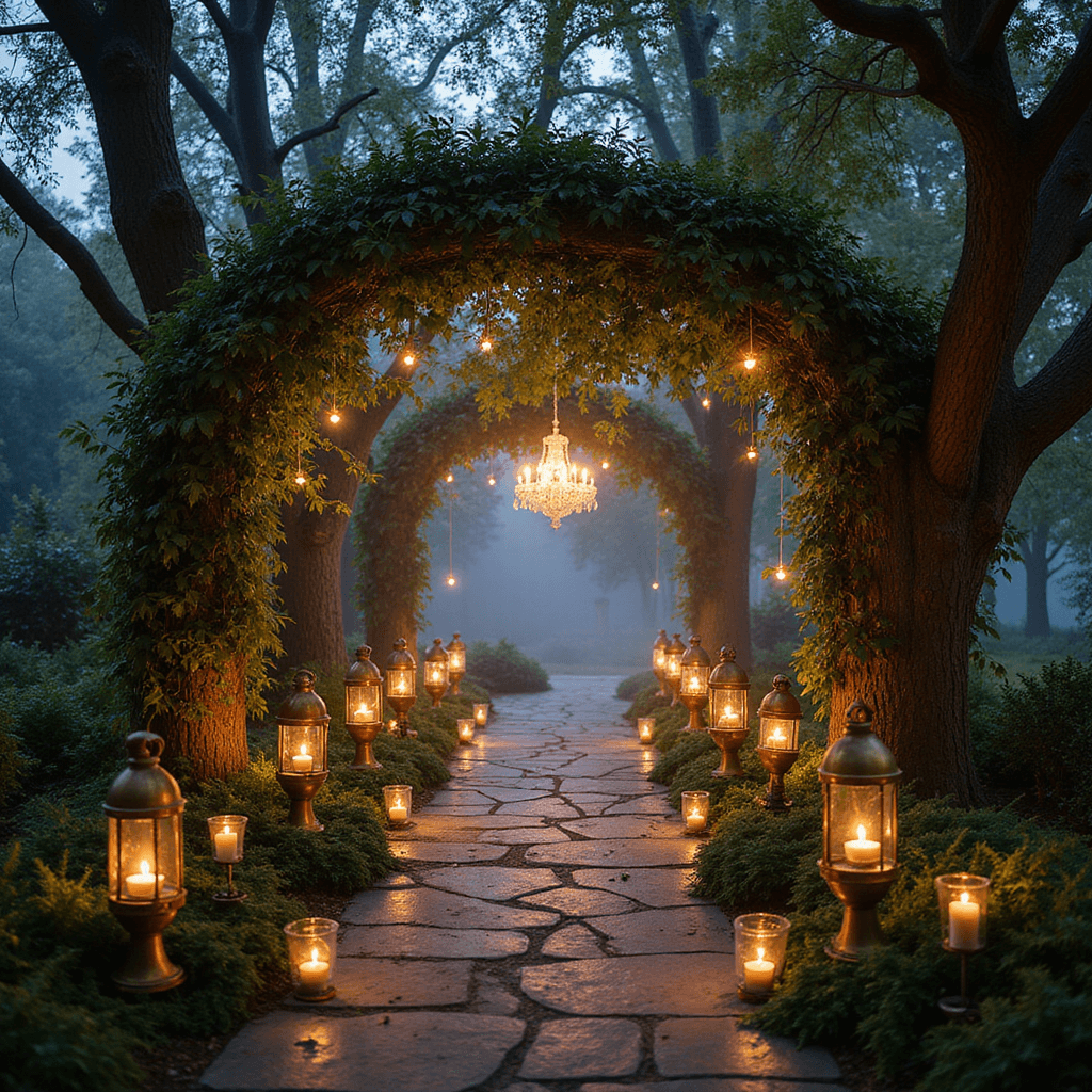 Ultimate Wedding Aisle Decoration Guide: Transform Your Ceremony Space A moonlit stone pathway in an enchanted garden, illuminated by thousands of fairy lights and surrounded by ancient trees forming a natural archway with vines and glass orbs. Vintage brass lanterns sit among moss and ferns, with crystal chandeliers hanging from branches, enhanced by ethereal fog for a mysterious, romantic atmosphere.