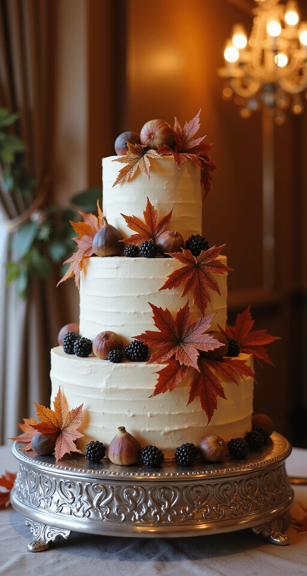 A stunning three-tiered autumn wedding cake on a silver stand, textured buttercream in ivory hues adorned with burgundy and gold maple leaves, fresh figs, blackberries, and bronze-dusted sugar flowers, set in a beautifully lit wedding venue at golden hour with soft bokeh and fluttering sheer curtains.
