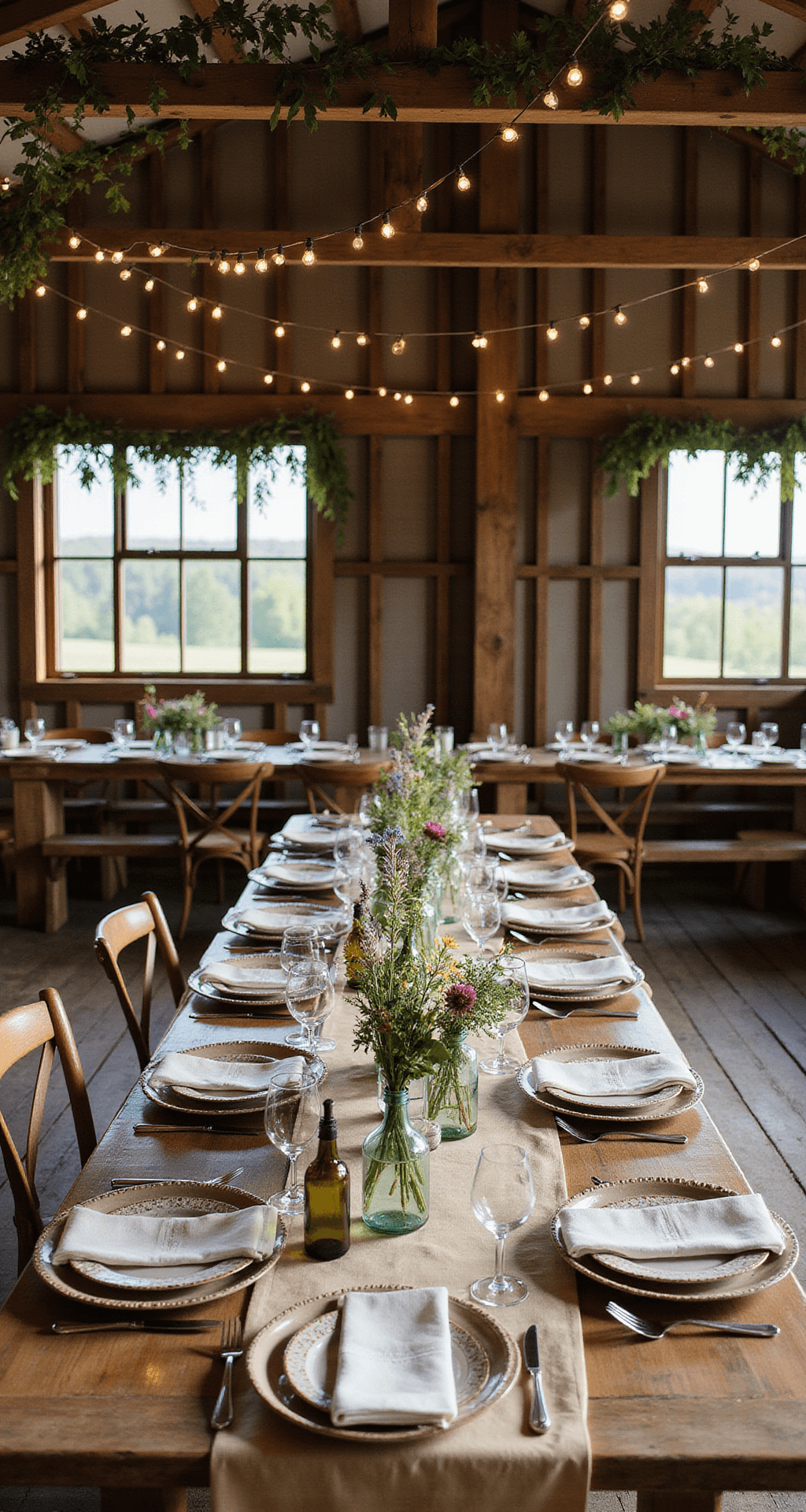 Stunning Wedding Flower Table Design: The Ultimate Guide to Creating Breathtaking Centerpieces A rustic barn interior adorned with eucalyptus garlands and café lights, featuring long wooden harvest tables set with vintage glass bottles of wildflowers, kraft paper runners, wooden chargers, and natural linen napkins, illuminated by natural light streaming through the windows.