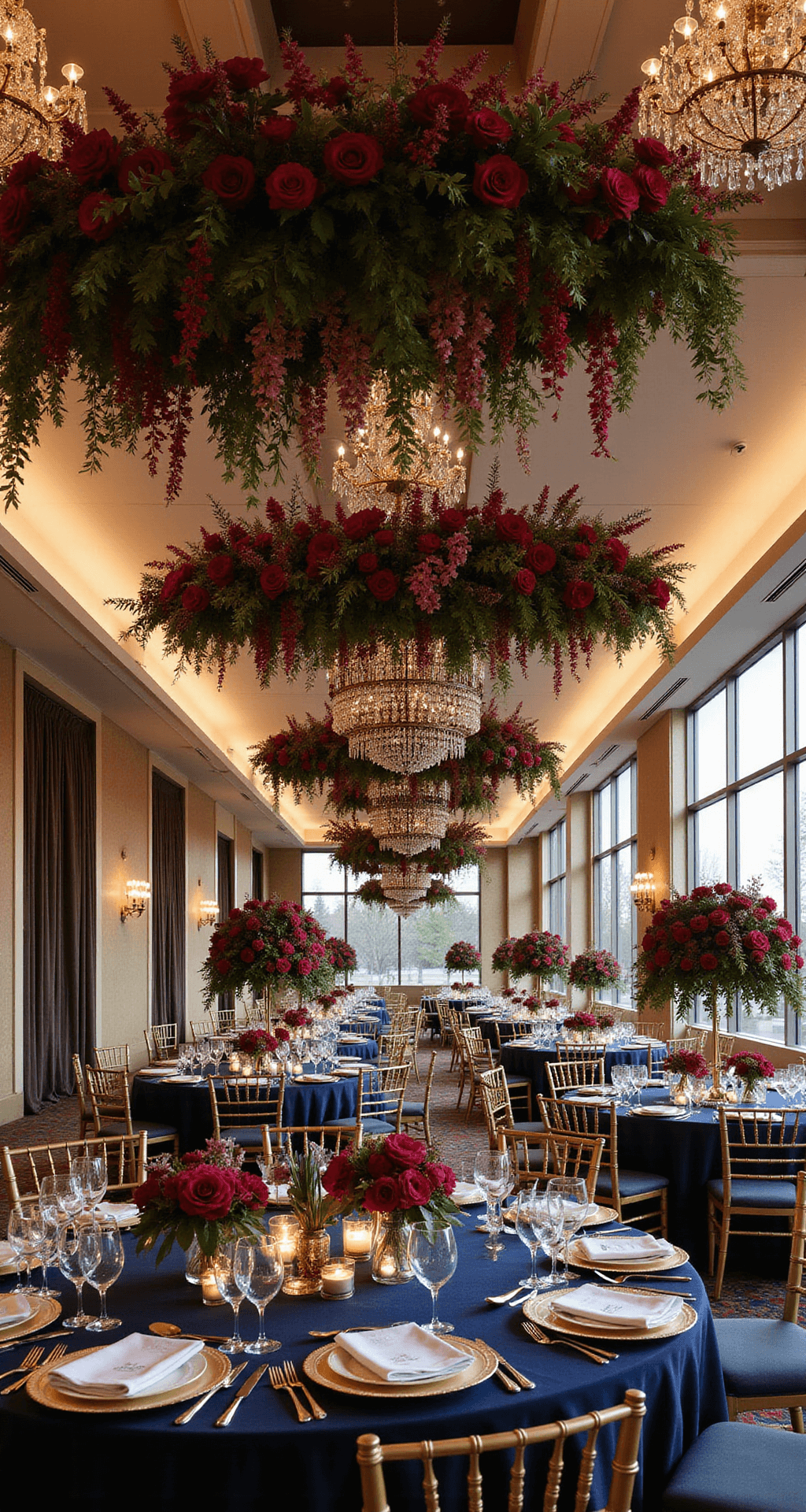 A luxurious wedding reception in a grand ballroom during golden hour, featuring dramatic floral installations and jewel-toned centerpieces on midnight blue velvet tables, illuminated by crystal chandeliers and natural light streaming through tall windows.