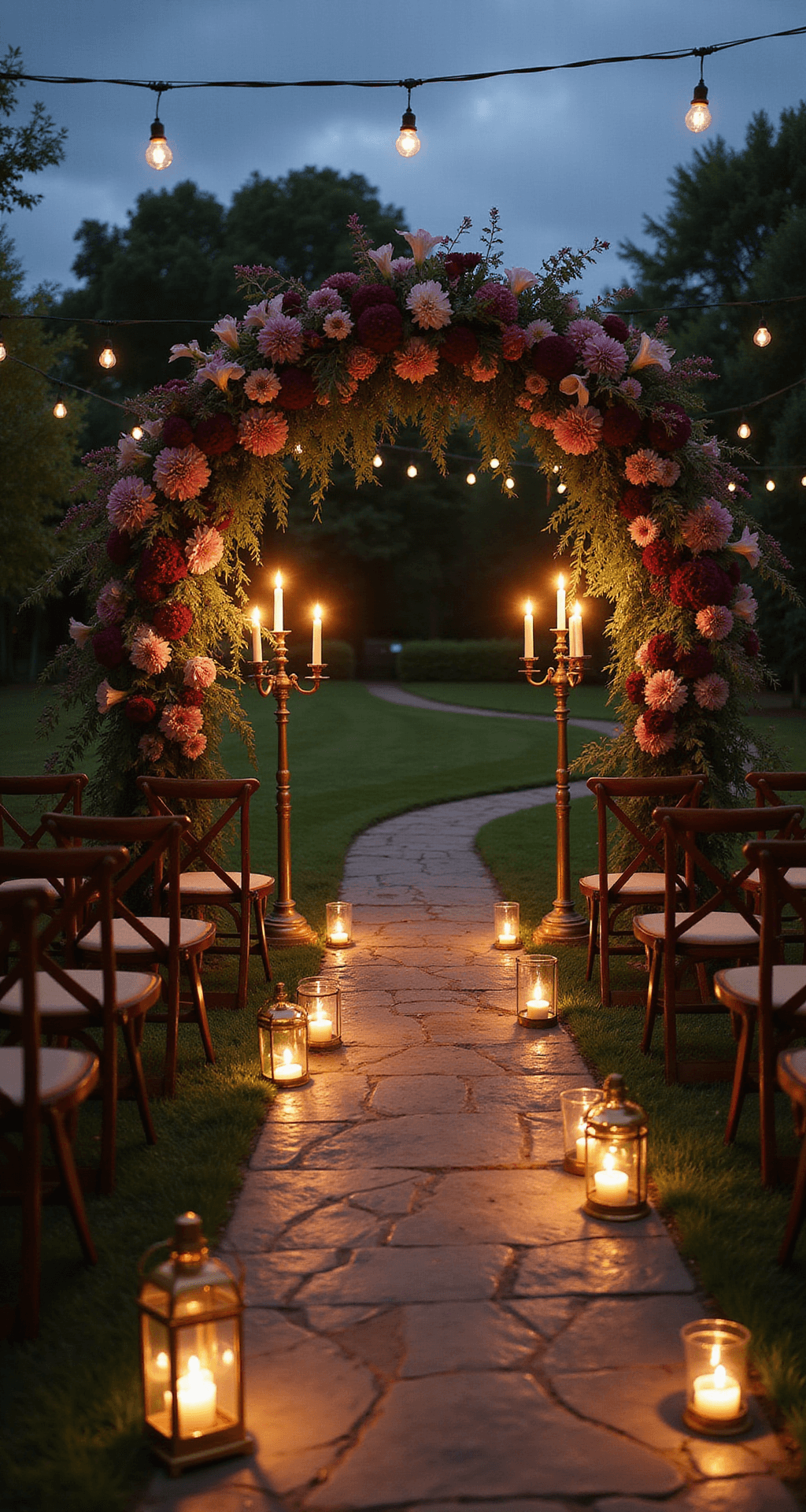 Intimate garden ceremony at dusk, featuring a stone pathway with glowing lanterns leading to a floral arch of amethyst calla lilies and burgundy dahlias, surrounded by wooden chairs with jewel-toned floral bundles, under a moody sky and twinkling market lights.