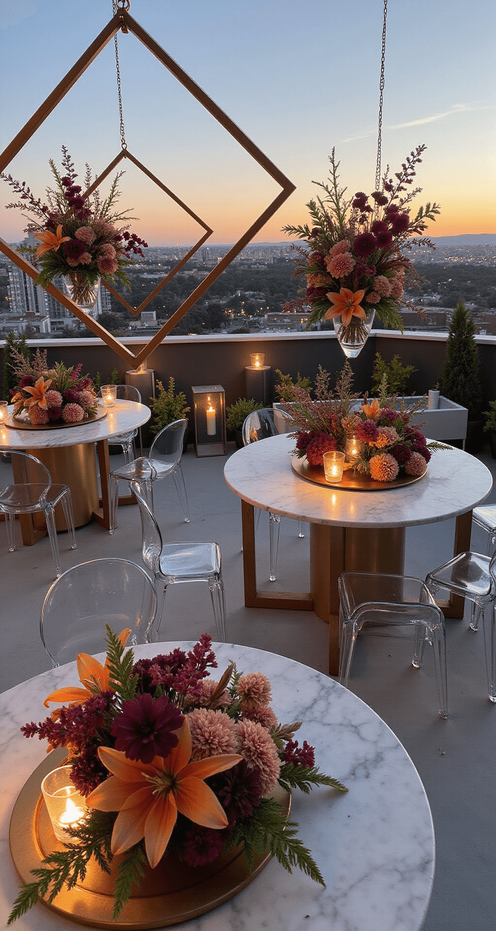 A modern rooftop venue featuring geometric installations, suspended copper frames with vibrant floral arrangements, ghost chairs around marble-topped tables, and a backdrop of twinkling city lights at sunset, captured from an overhead drone shot.