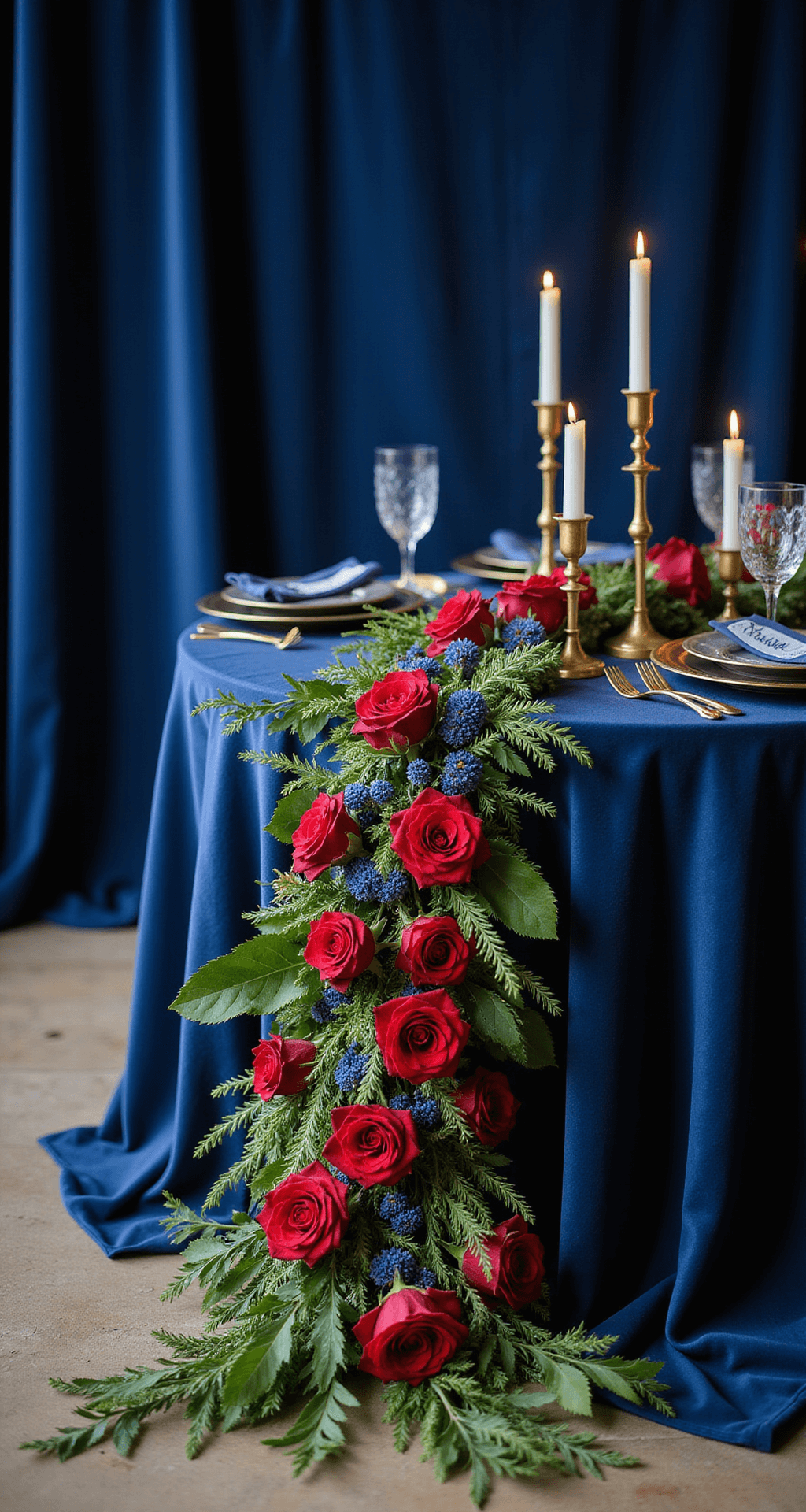 A luxurious sweetheart table adorned with an opulent floral runner of ruby garden roses and sapphire thistle, set against a midnight blue velvet backdrop. Vintage brass candlesticks illuminate the scene, while gold-rimmed chargers and elegant hand-calligraphed place cards enhance the rich textures and moody atmosphere.