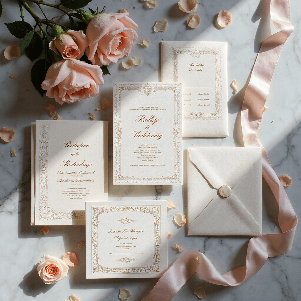 Ultimate Guide to Luxury Wedding Invitations: Making Your First Impression Unforgettable Flat lay of an ornate wedding invitation suite with gold foil lettering on ivory paper, wax-sealed envelopes, RSVP cards, and silk ribbons, framed by blush pink garden roses and petals on antique marble, with natural light casting shadows.
