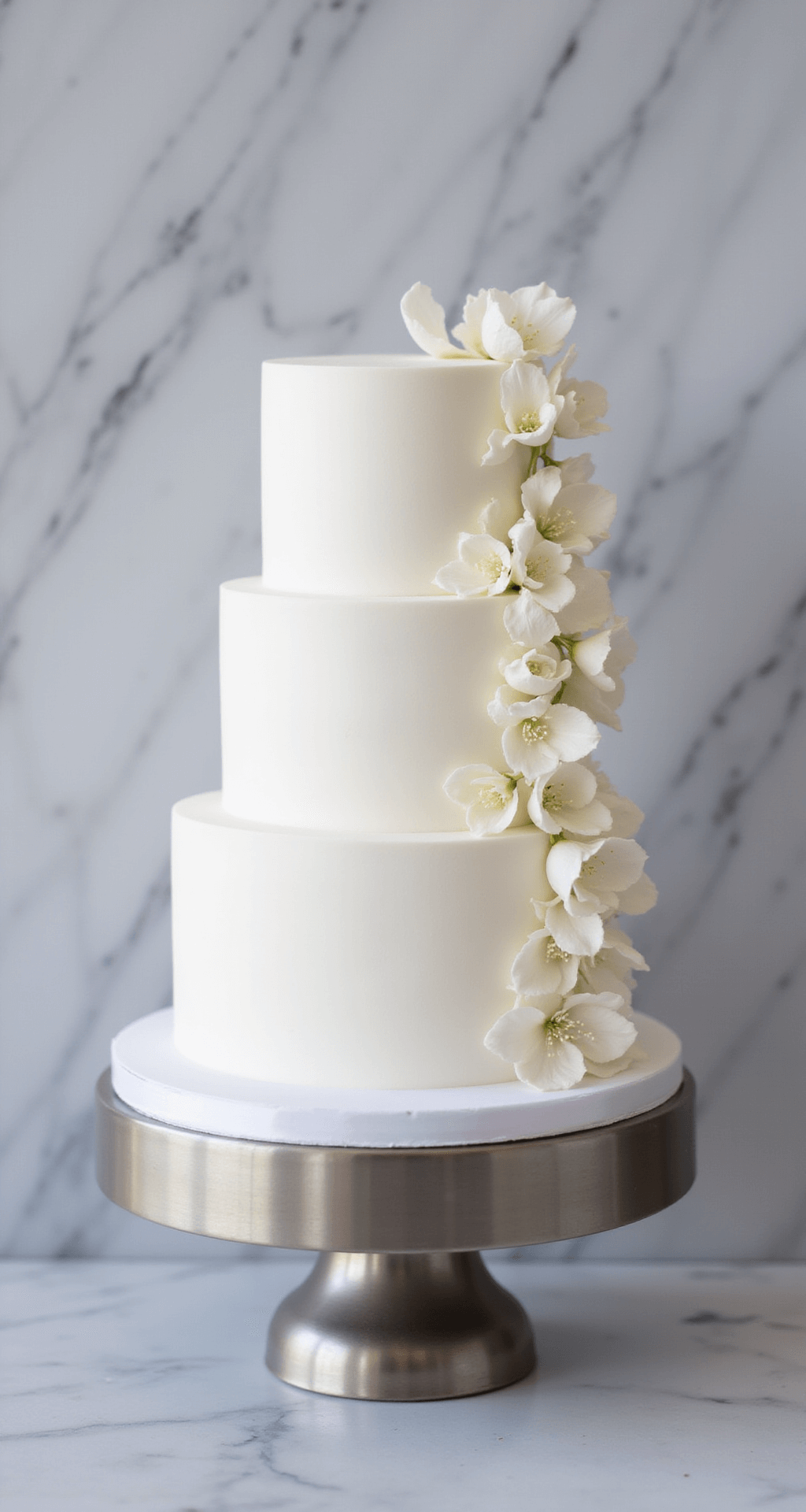 A pristine three-tiered white birthday cake on a brushed silver stand, featuring a smooth buttercream finish, minimalist sugar flowers, and a marble backdrop with soft shadows.