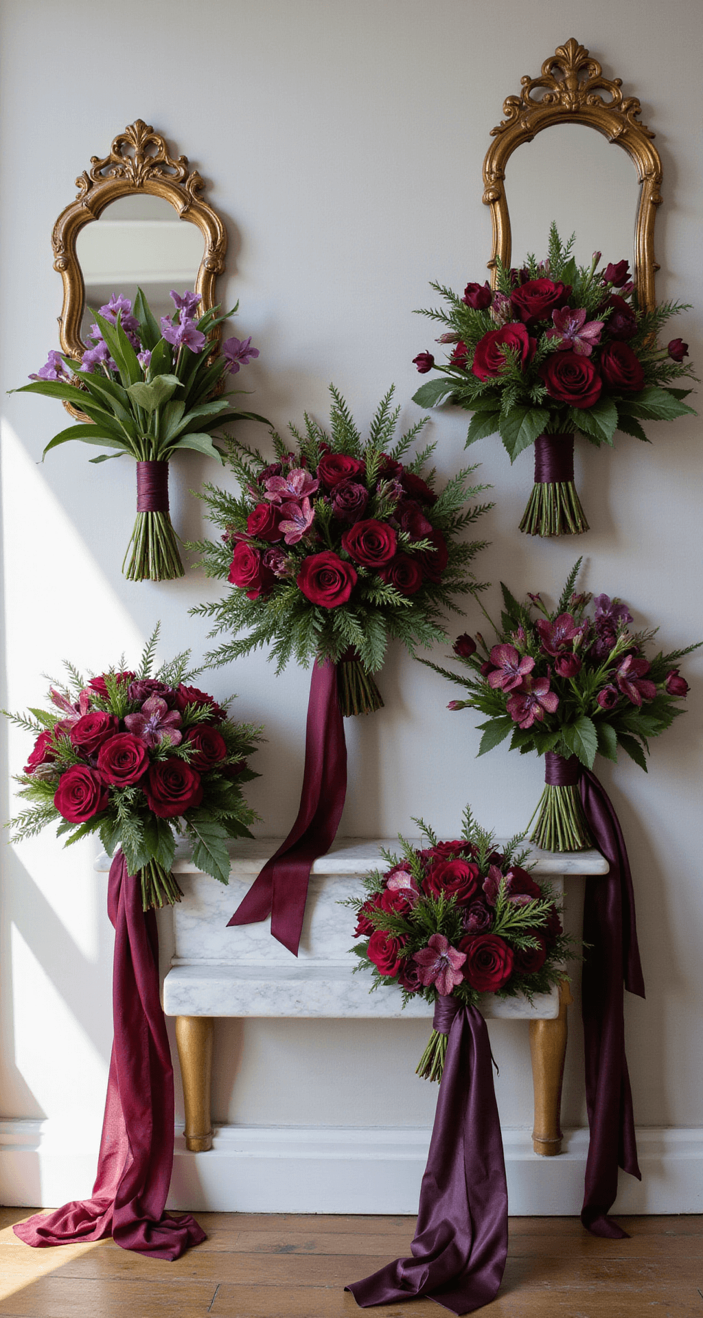 Dramatic bridal bouquet arrangement featuring deep jewel tones on an antique marble console, with vintage brass mirrors reflecting ruby ranunculus, amethyst calla lilies, and emerald orchids, complemented by flowing silk ribbons in coordinating colors.