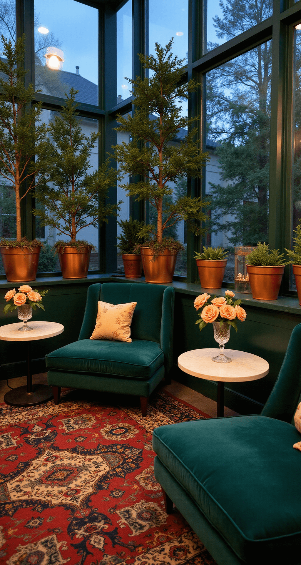 Cocktail hour lounge in a conservatory with deep emerald velvet sofas, potted trees in copper containers, and side tables with jewel-toned floral arrangements in crystal vases, all set on a vintage Persian rug, captured during blue hour with warm cafe lighting.