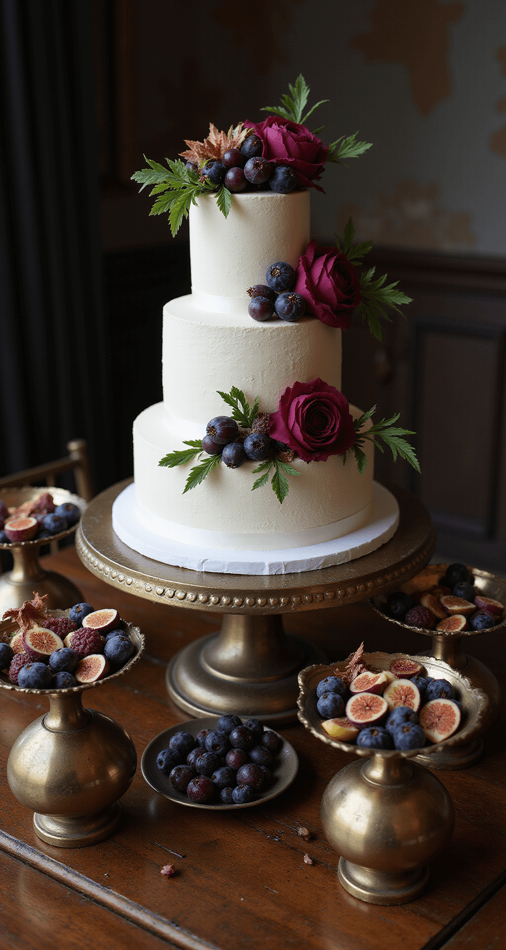 A close-up shot of an elegant dessert display on an antique wooden buffet, featuring a three-tier wedding cake adorned with deep jewel-toned sugar flowers, vintage brass compotes filled with fresh fruits and floral arrangements, including rich purple grapes and black figs, all illuminated with moody backlighting to emphasize metallic details and textures.